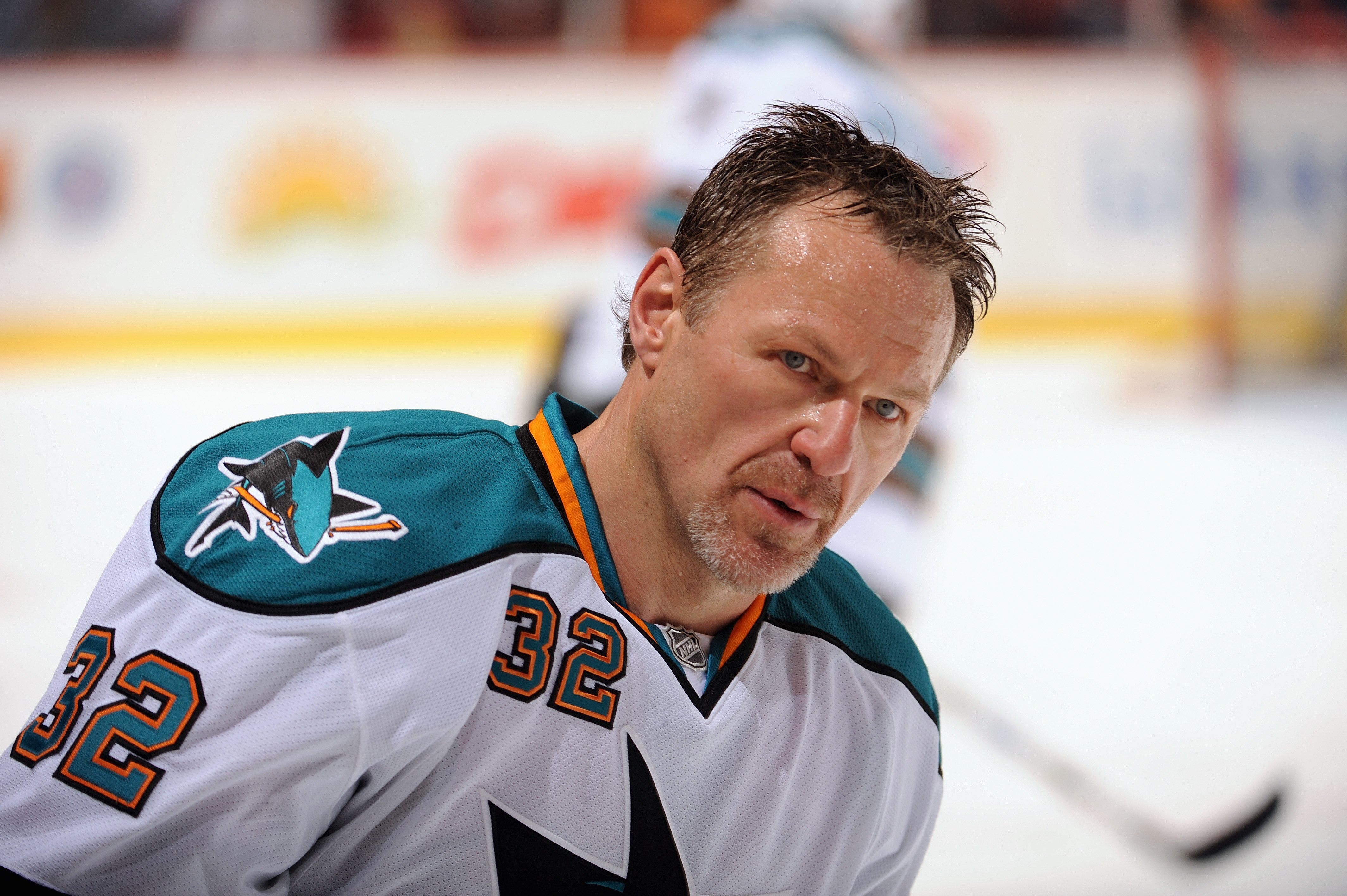 ANAHEIM, CA - APRIL 21:  Claude Lemieux #32 of the San Jose Sharks looks on against the Anaheim Ducks during Game Three of the Western Conference Quarterfinal Round of the 2009 Stanley Cup Playoffs at Honda Center on April 21, 2009 in Anaheim, California.