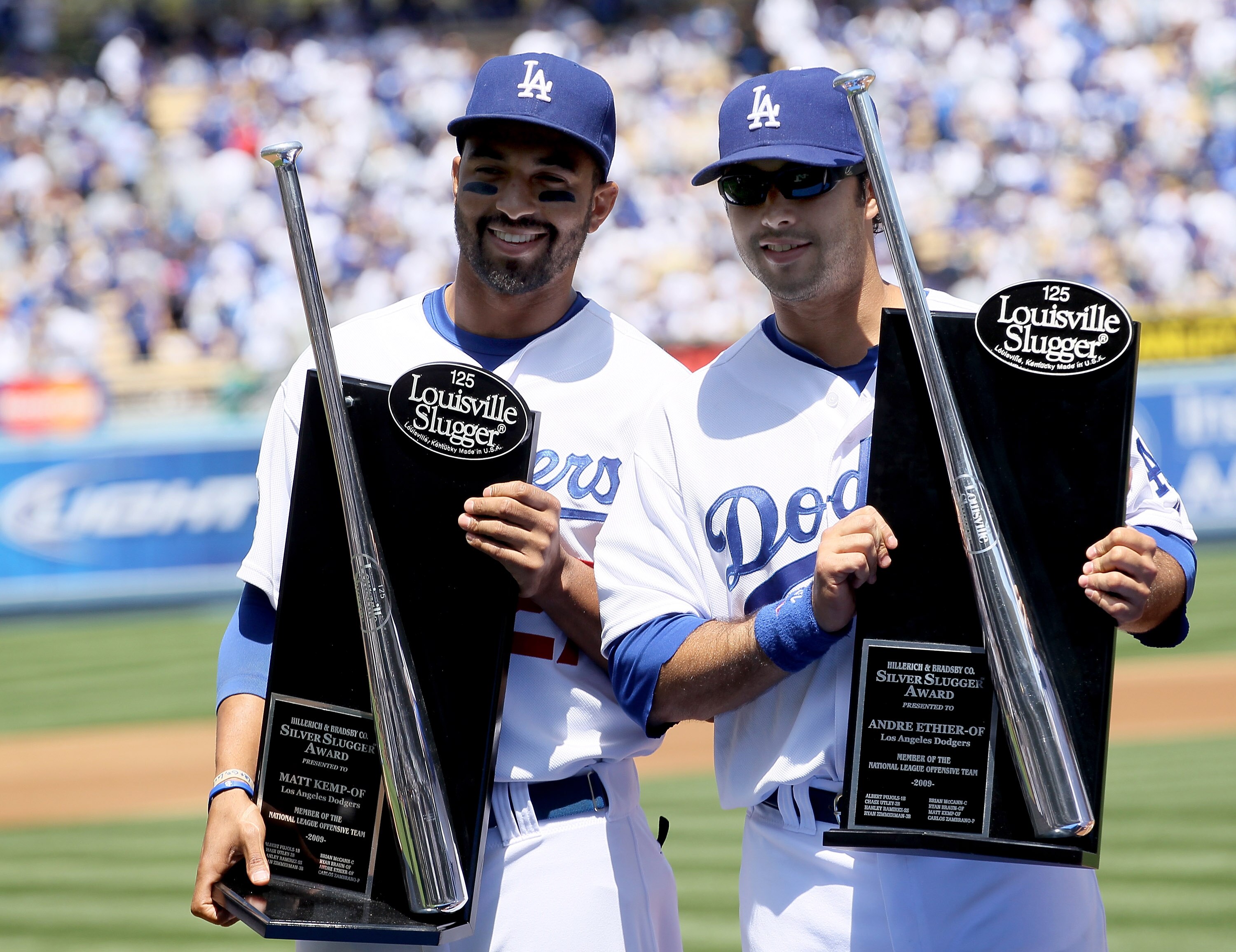 LOS ANGELES, CA - APRIL 13: Matt Kemp #27 and Andre Ethier #16 of the Los Angeles Dodgers receive their Silver Slugger awards before the game with the Arizona Diamondbacks on April 13, 2010 at Dodger Stadium in Los Angeles, California. The Dodgers won 9 LOS ANGELES, CA - APRIL 13: Matt Kemp #27 and Andre Ethier #16 of the Los Angeles Dodgers receive their Silver Slugger awards before the game with the Arizona Diamondbacks on April 13, 2010 at Dodger Stadium in Los Angeles, California. The Dodgers won 9