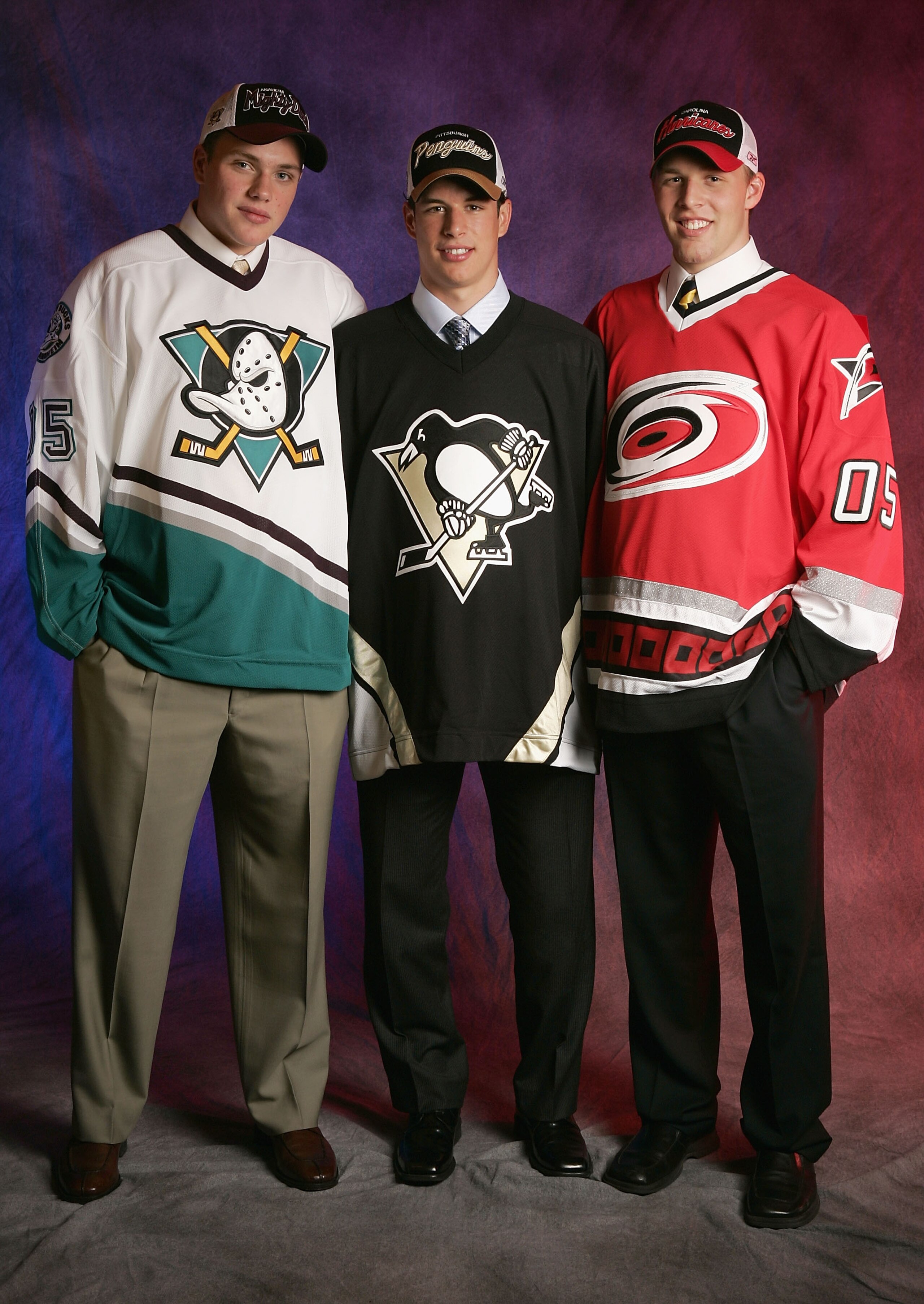 OTTAWA, ONT - JULY 30:  The top three draft picks (L-R) Bobby Ryan of the Mighty Ducks of Anaheim, Sidney Crosby of the Pittsburgh Penguins and Jack Johnson of the Carolina Hurricanes pose for a portrait during the 2005 National Hockey League Draft on Jul
