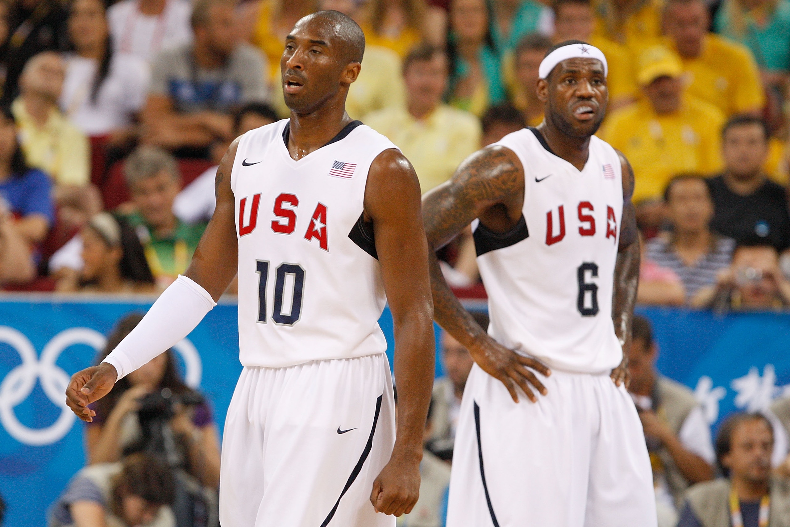 BEIJING - AUGUST 20:  Kobe Bryant #10 and Lebron James #6 of the United States prepare for play during the men's basketball quarterfinal game against Australia at the Olympic Basketball Gymnasium during Day 12 of the Beijing 2008 Olympic Games on August 2