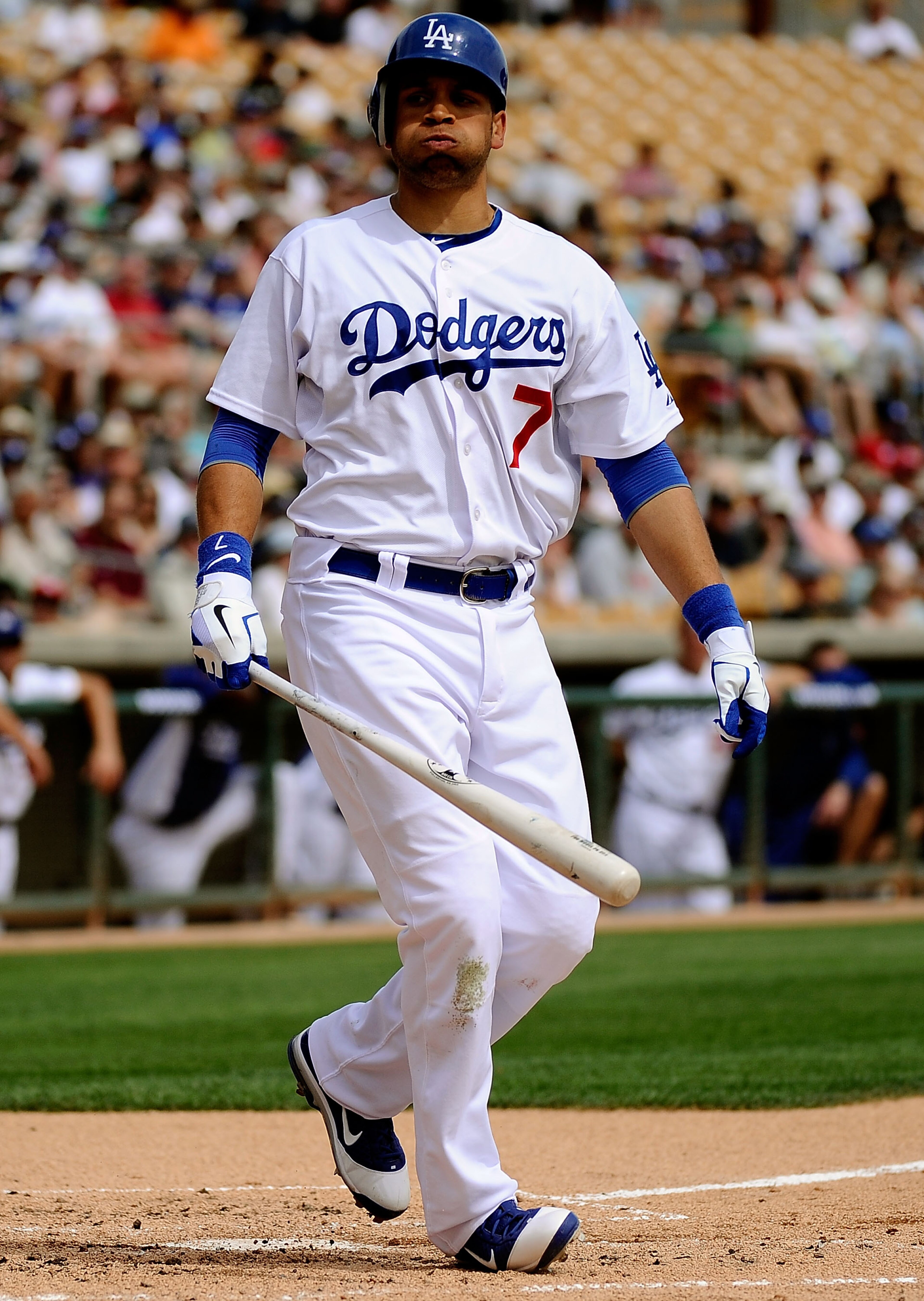 GLENDALE, AZ - MARCH 15:  James Loney #7 of the Los Angeles Dodgers plays in the spring training baseball game against the Texas Rangers at Camelback Ranch on March 15, 2011 in Glendale, Arizona.  (Photo by Kevork Djansezian/Getty Images)