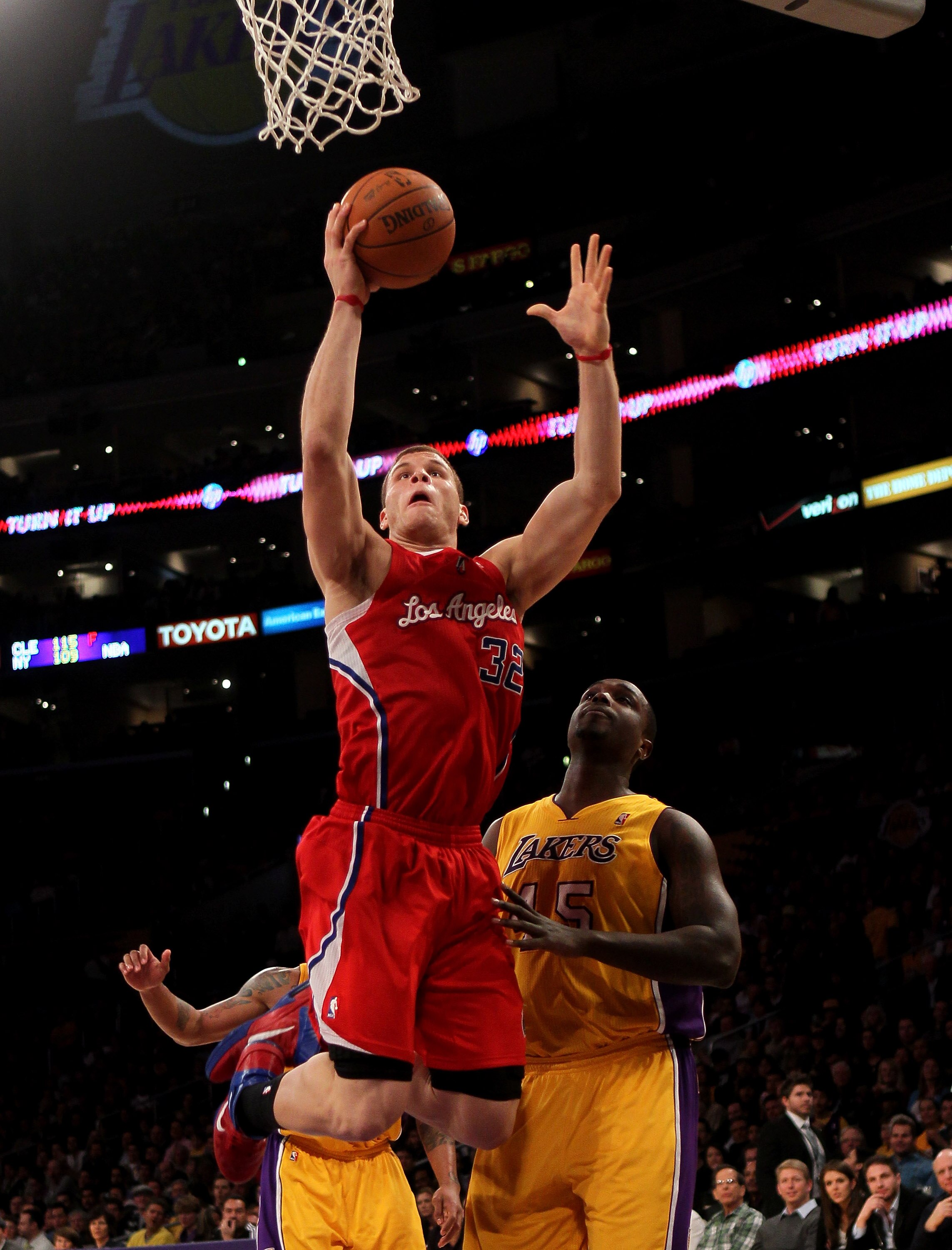 LOS ANGELES, CA - FEBRUARY 25:  Blake Griffin #32 of the Los Angeles Clippers goes up for a dunk over Derrick Caracter #45 of the Los Angeles Lakers at Staples Center on February 25, 2011 in Los Angeles, California. The Lakers won 108-95.  NOTE TO USER: U