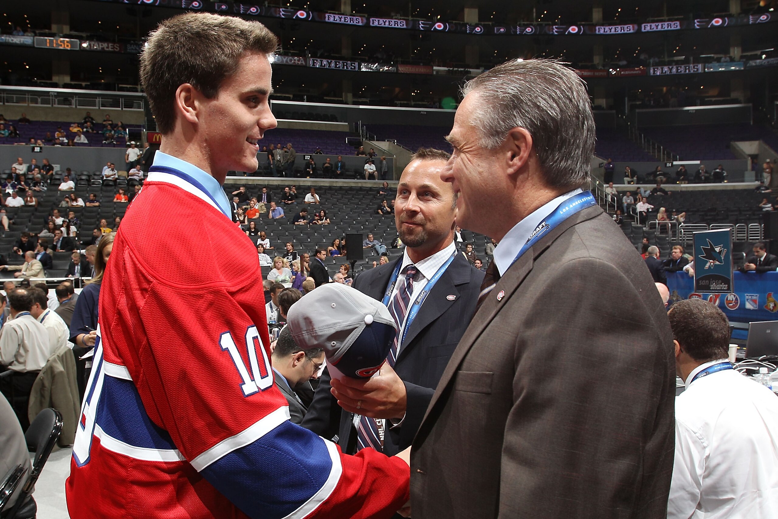 LOS ANGELES, CA - JUNE 26:  Morgan Ellis speaks with team personnel after being drafted in the fourth round by the Montreal Canadiens during day two of the 2010 NHL Entry Draft at Staples Center on June 26, 2010 in Los Angeles, California.  (Photo by Bruc