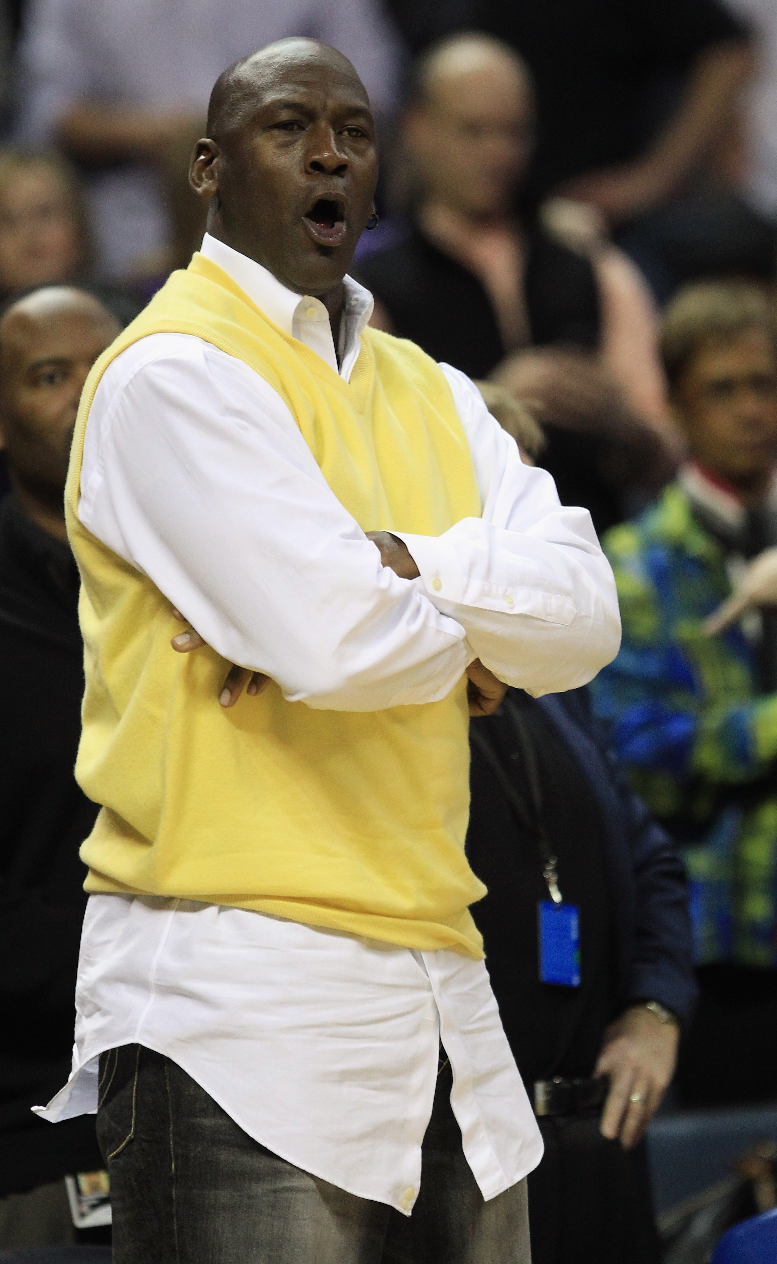 CHARLOTTE, NC - FEBRUARY 25:  Owner of the Charlotte Bobcats, Michael Jordan yells during their game against the Sacramento Kings at Time Warner Cable Arena on February 25, 2011 in Charlotte, North Carolina. NOTE TO USER: User expressly acknowledges and a