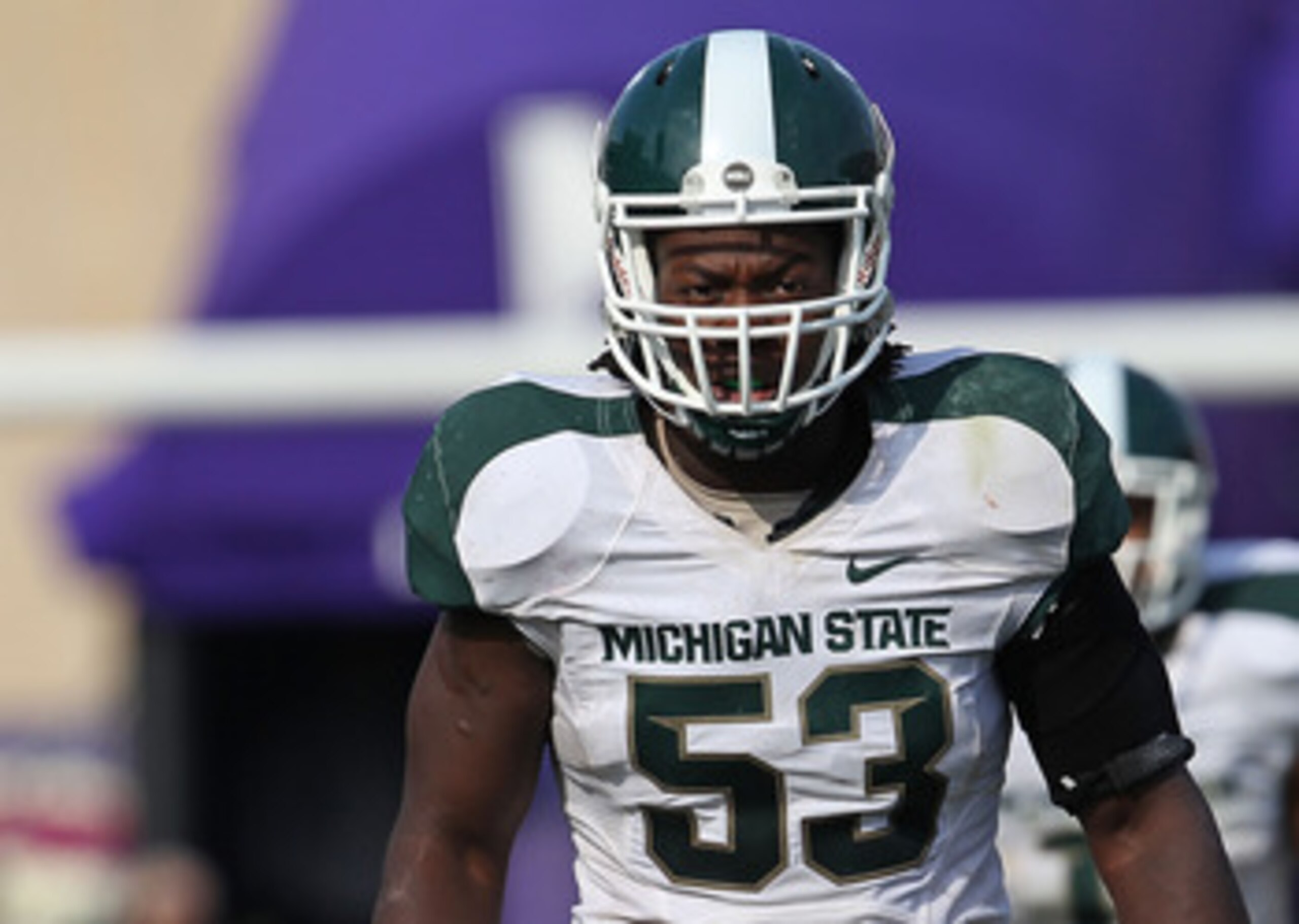 EVANSTON, IL - OCTOBER 23: Greg Jones #53 of the Michigan State Spartans awaits the start of play against the Northwestern Wildcats at Ryan Field on October 23, 2010 in Evanston, Illinois. Michigan State defeated Northwestern 35-27. (Photo by Jonathan Dan