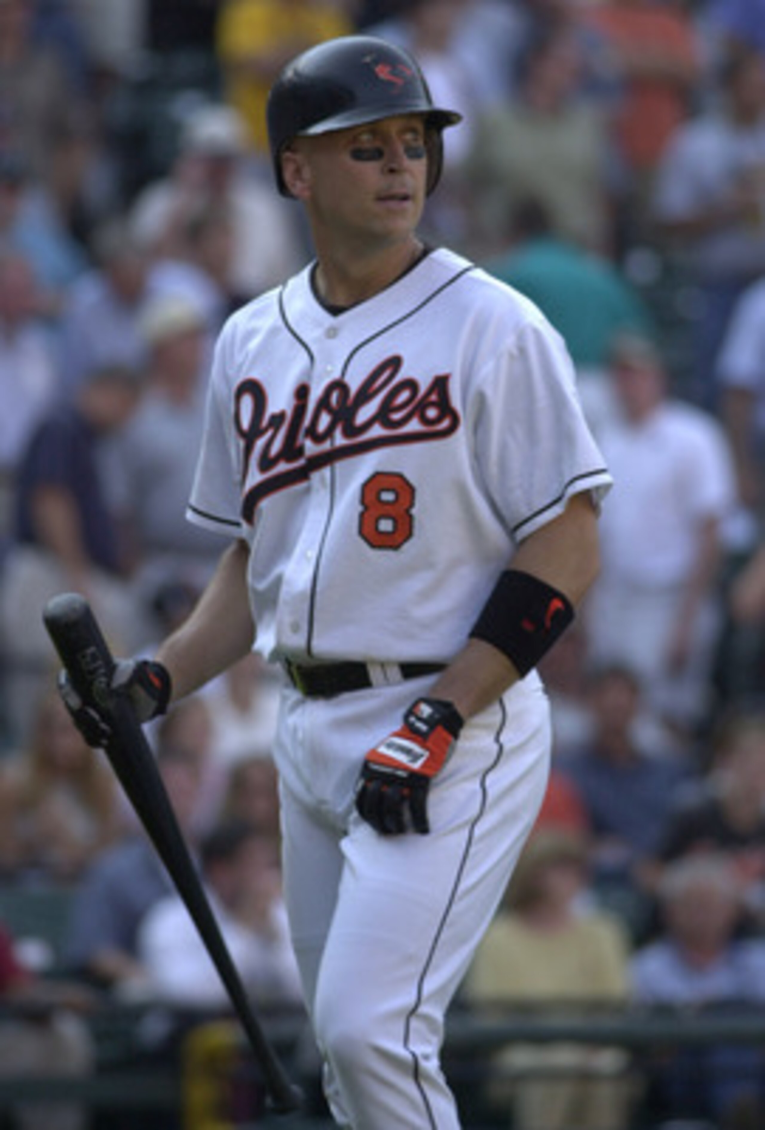 5 Oct 2001:  Cal Ripken #8 of the Baltimore Orioles returns the bench after a foul pop fly out as the Boston Red Sox defeated the Baltimore Orioles 5-0 at Oriole Park at Camden Yards in Baltimore, Maryland. <<<DIGITAL IMAGE>> Mandatory Credit: Doug Pensin