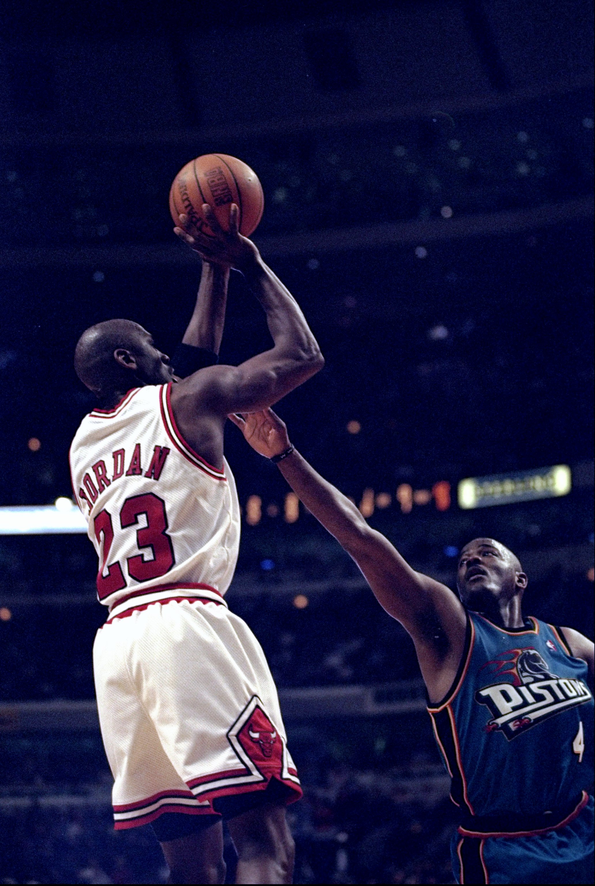 31 Mar 1998:  Guard Michael Jordan of the Chicago Bulls (left) in action against guard Joe Dumars of the Detroit Pistons during a game at the United Center in Chicago, Illinois.  The Bulls defeated the Pistons 106-101. Mandatory Credit: Jonathan Daniel  /