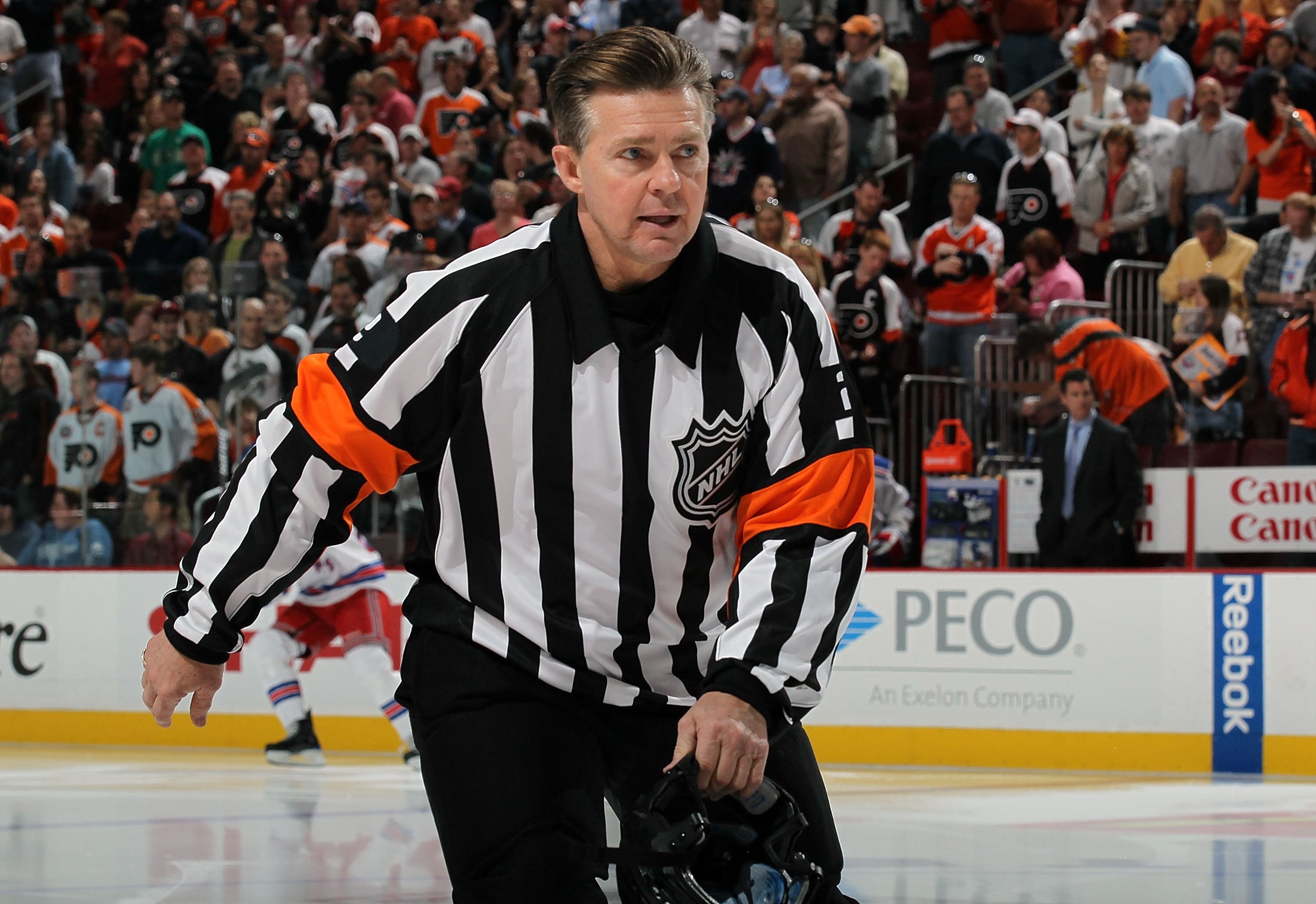 PHILADELPHIA - APRIL 11:  Referee Kerry Fraser #2 takes the ice for the game between the New York Rangers and the Philadelphia Flyers on April 11, 2010 at Wachovia Center in Philadelphia, Pennsylvania. The game was Fraser's last in the NHL as he is retiri