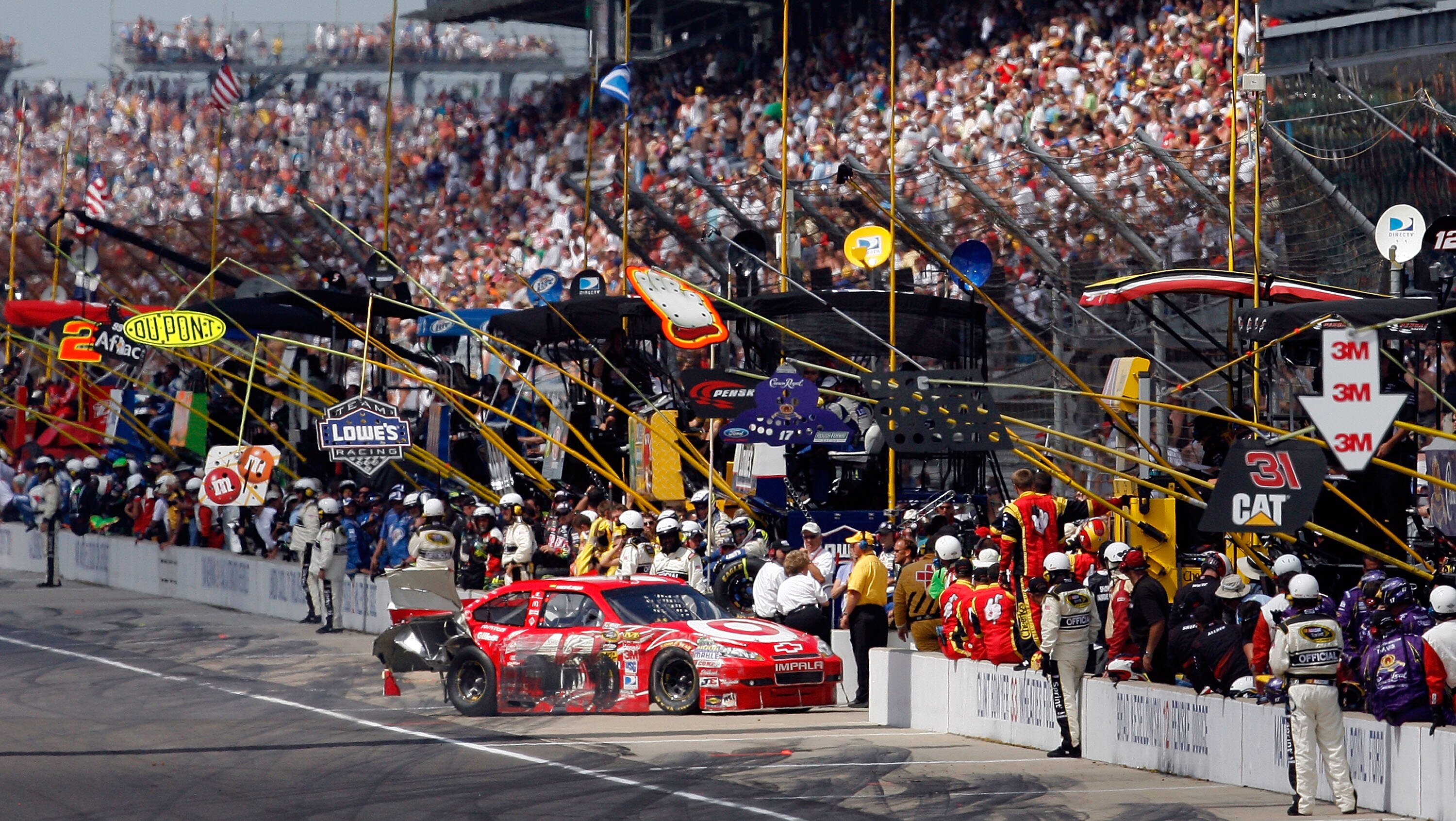 INDIANAPOLIS - JULY 25:  Juan Pablo Montoya, driver of the #42 Target Chevrolet, drives down pit road after a crash during the NASCAR Sprint Cup Series Brickyard 400 at Indianapolis Motor Speedway on July 25, 2010 in Indianapolis, Indiana.  (Photo by Tom