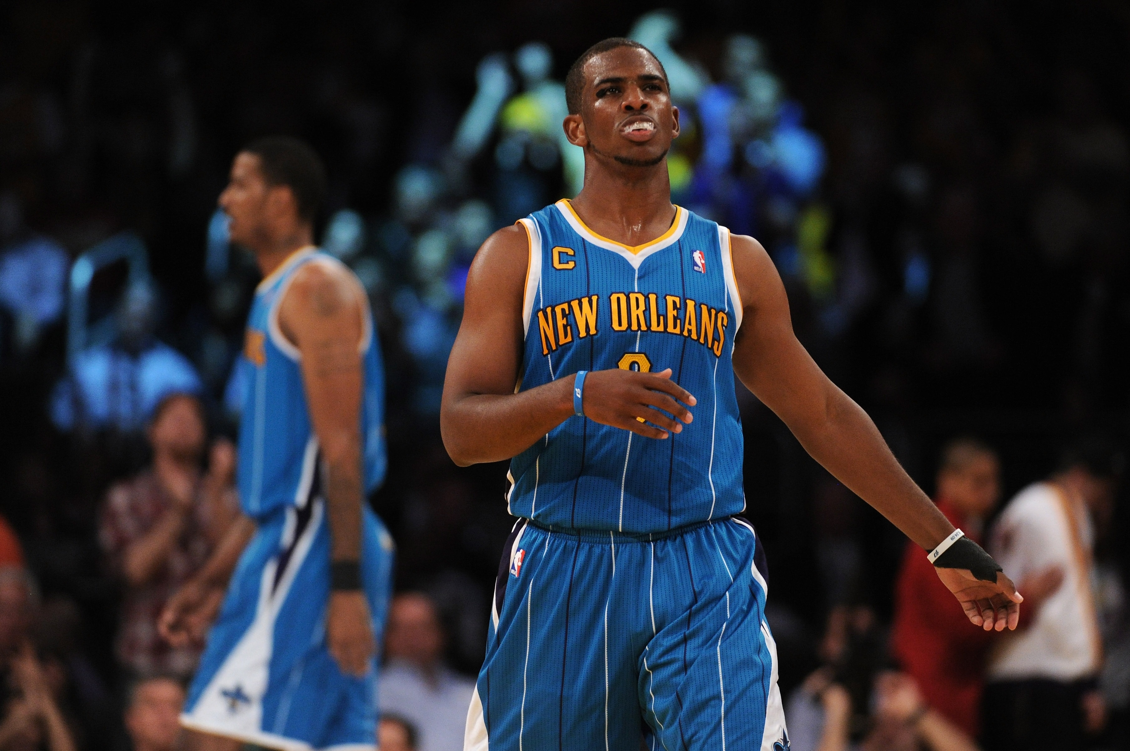 LOS ANGELES, CA - APRIL 26:  Chris Paul #3 of the New Orleans Hornets reacts at the end of the second quarter while taking on the Los Angeles Lakers in Game Five of the Western Conference Quarterfinals in the 2011 NBA Playoffs on April 26, 2011 at Staples