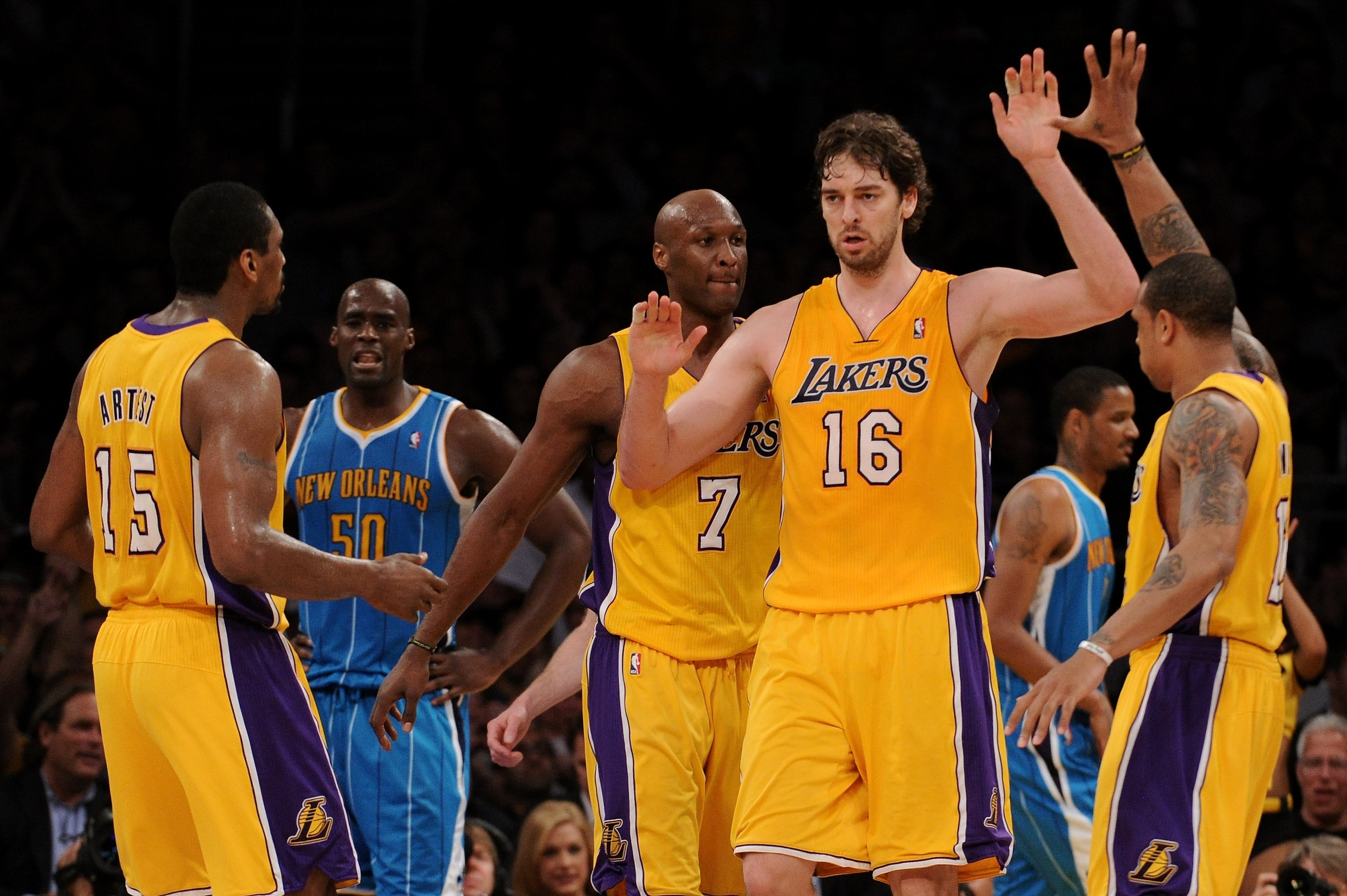 LOS ANGELES, CA - APRIL 26: Pau Gasol #16 of the Los Angeles Lakers reacts in the third quarter with teammates Ron Artest #15 and Shannon Brown #12 while taking on the New Orleans Hornets in Game Five of the Western Conference Quarterfinals in the 2011 N LOS ANGELES, CA - APRIL 26: Pau Gasol #16 of the Los Angeles Lakers reacts in the third quarter with teammates Ron Artest #15 and Shannon Brown #12 while taking on the New Orleans Hornets in Game Five of the Western Conference Quarterfinals in the 2011 N