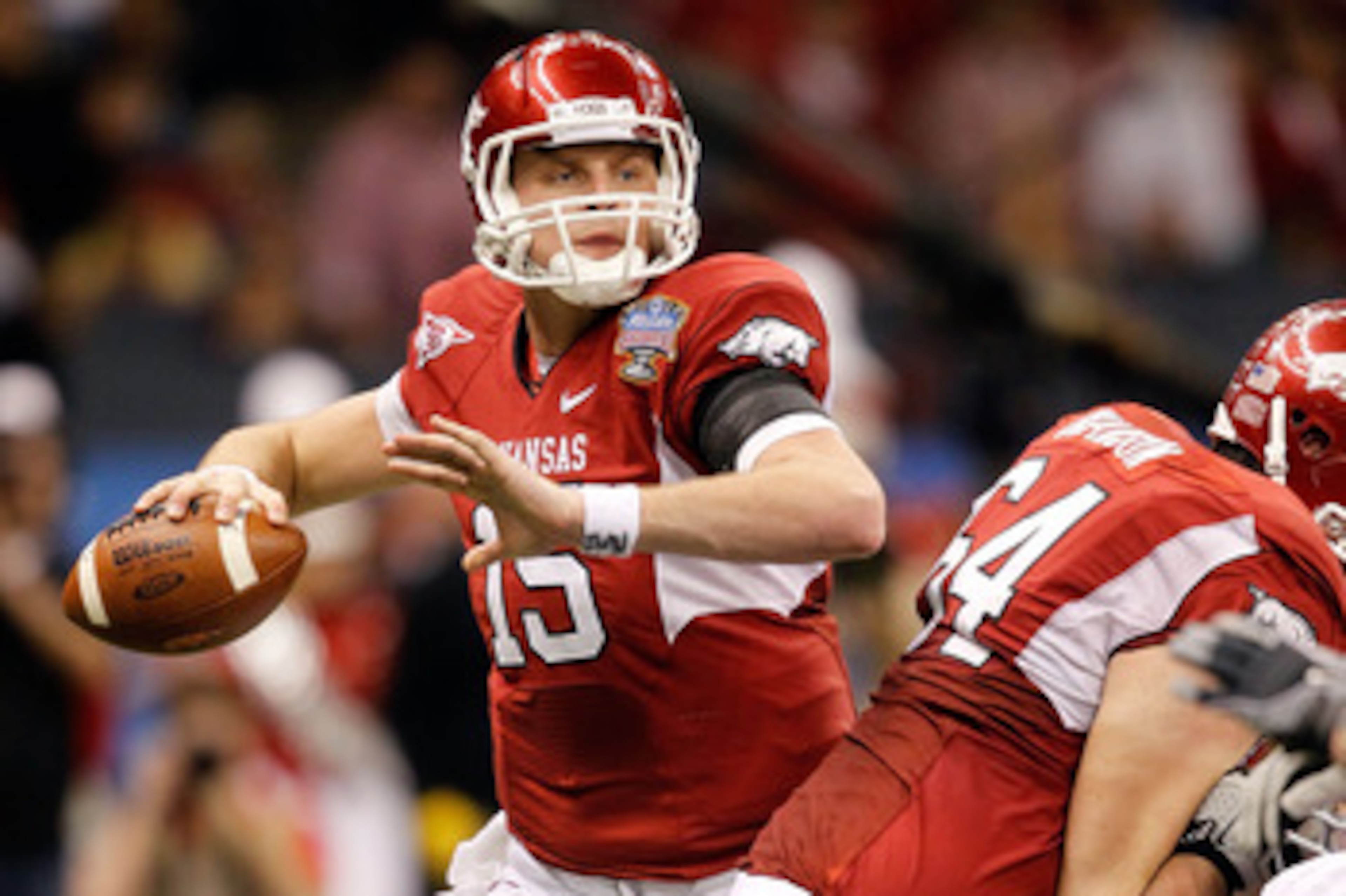 NEW ORLEANS, LA - JANUARY 04: Quarterback Ryan Mallett #15 of the Arkansas Razorbacks looks to pass against the Ohio State Buckeyes during the Allstate Sugar Bowl at the Louisiana Superdome on January 4, 2011 in New Orleans, Louisiana. (Photo by Matthew NEW ORLEANS, LA - JANUARY 04: Quarterback Ryan Mallett #15 of the Arkansas Razorbacks looks to pass against the Ohio State Buckeyes during the Allstate Sugar Bowl at the Louisiana Superdome on January 4, 2011 in New Orleans, Louisiana. (Photo by Matthew