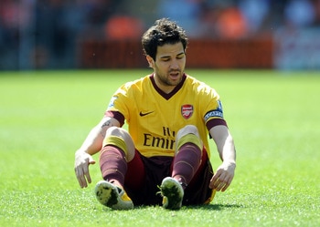 BLACKPOOL, ENGLAND - APRIL 10: Cesc Fabregas of Arsenal reacts during the Barclays Premier League match between Blackpool and Arsenal at Bloomfield Road on April 10, 2011 in Blackpool, England.  (Photo by Chris Brunskill/Getty Images)