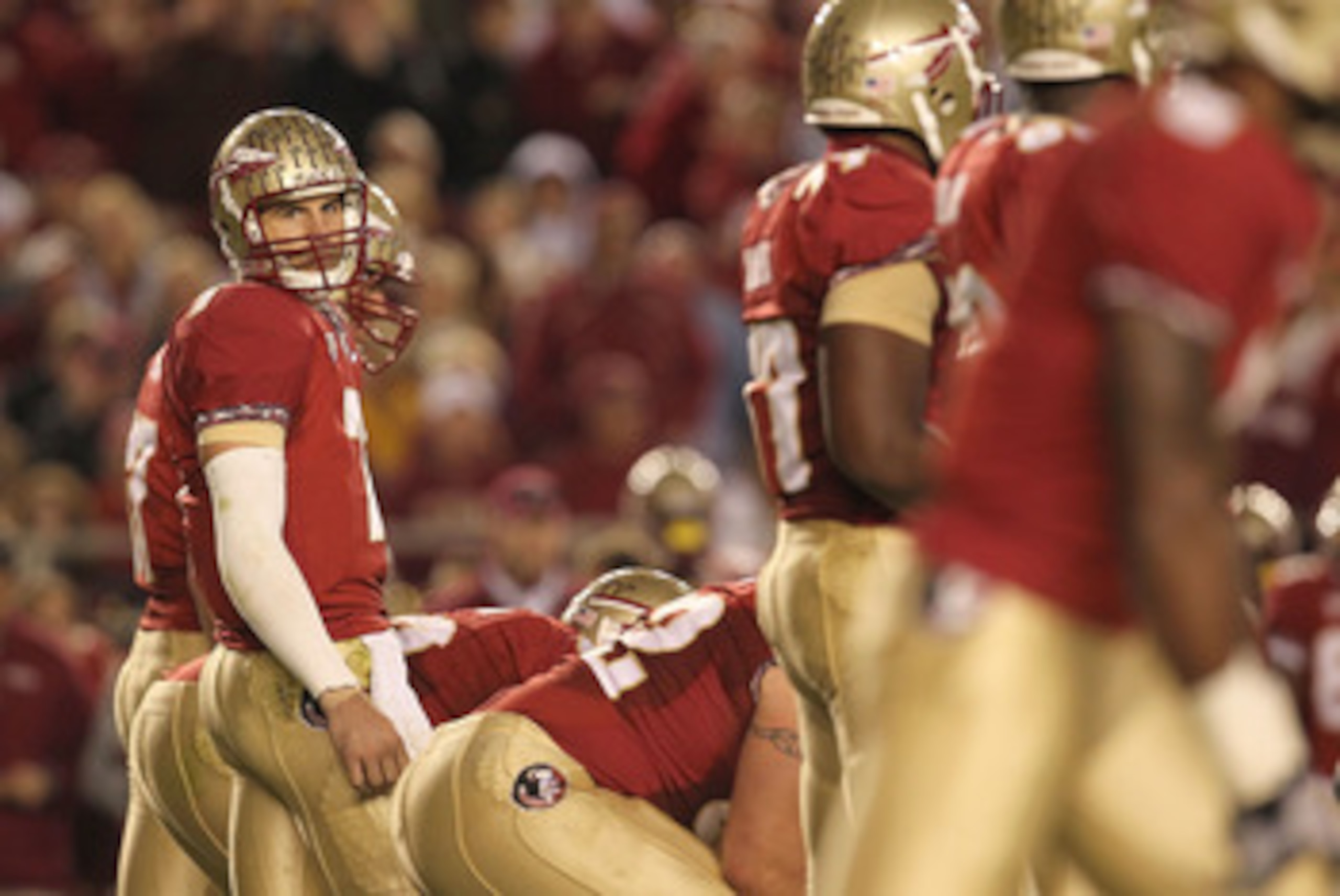 TALLAHASSEE, FL - NOVEMBER 27:  Christian Ponder #7 of the Florida State Seminoles looks for a play from the sidelines during a game against the Florida Gators at Doak Campbell Stadium on November 27, 2010 in Tallahassee, Florida.  (Photo by Mike Ehrmann/