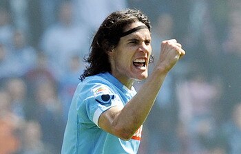 NAPLES, ITALY - APRIL 03:  Edinson Cavani of Napoli  celebrates after scoring the goal 2-2 during the Serie A match between SSC Napoli and SS Lazio at Stadio San Paolo on April 3, 2011 in Naples, Italy.  (Photo by Giuseppe Bellini/Getty Images)