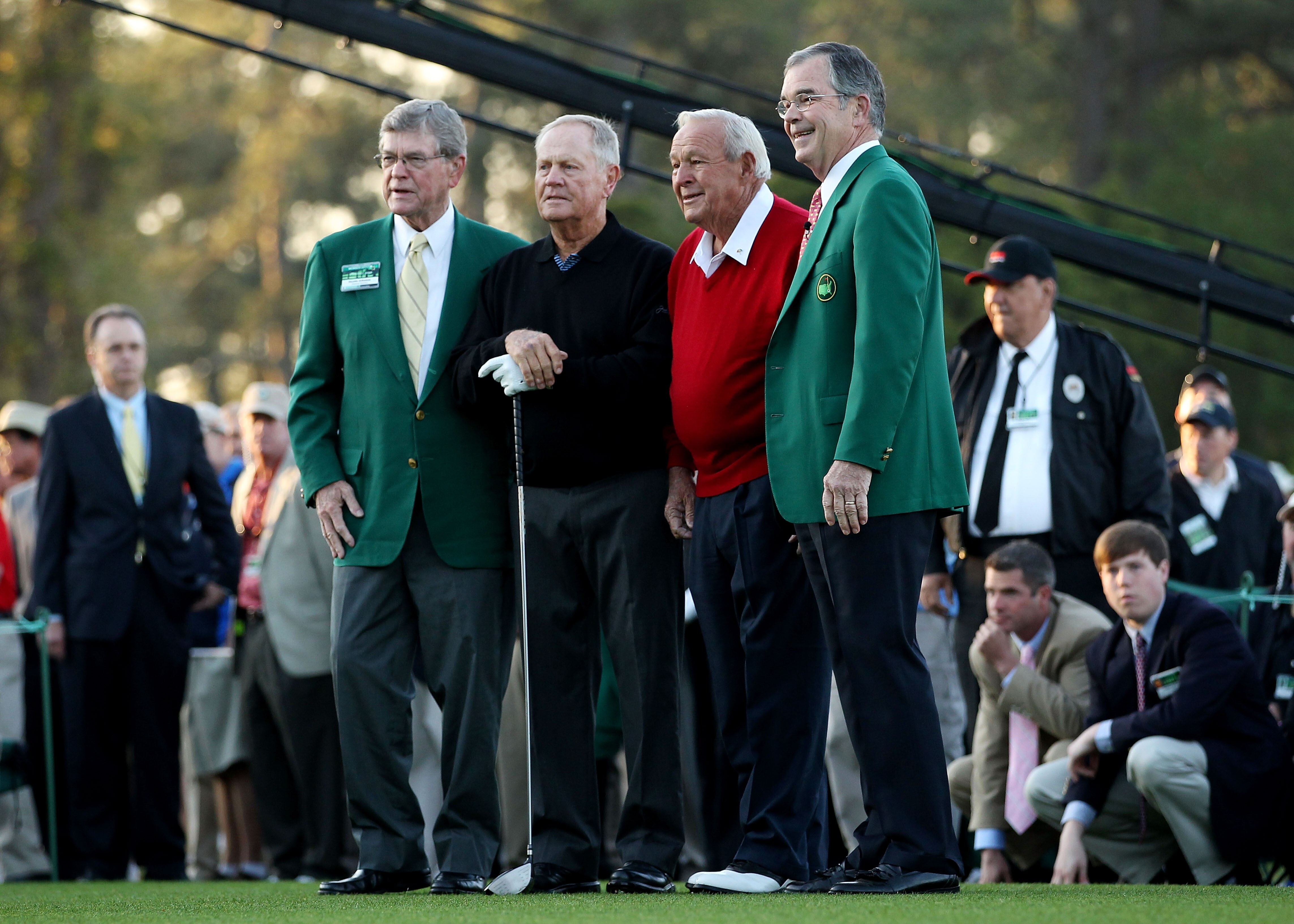 AUGUSTA, GA - APRIL 07:  (L-R) William W.Johnson, Jack Nicklaus, Arnold Palmer and William Porter Payne pose on the first tee prior to starting the first round of the 2011 Masters Tournament at Augusta National Golf Club on April 7, 2011 in Augusta, Georg