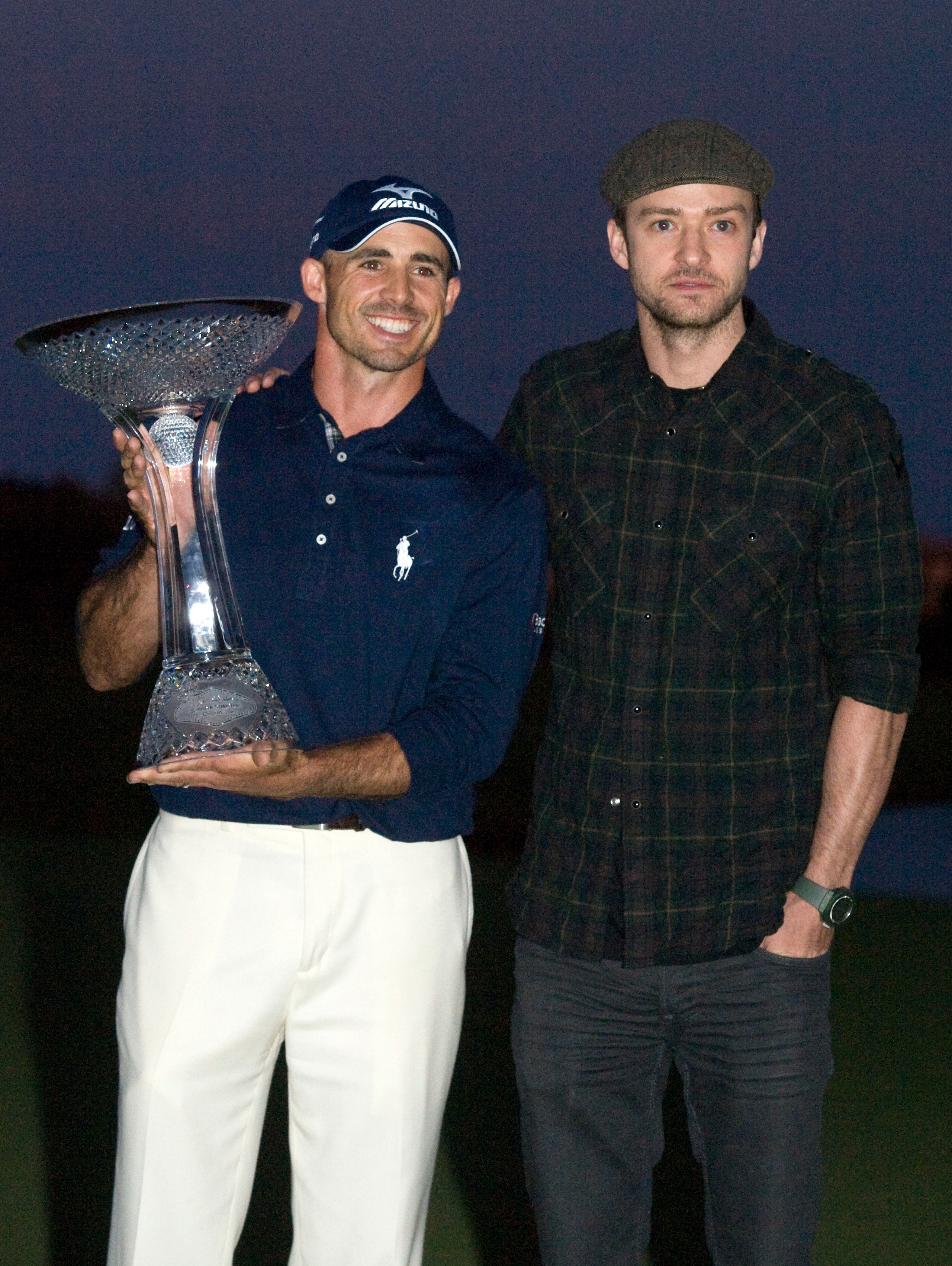 LAS VEGAS, NV - OCTOBER 24: Golfer Jonathan Byrd and Justin Timberlake pose with the trophy after Byrd hit a hole-in-one to win the tournament at the Justin Timberlake Shriners Hospitals for Children Open at TPC Sunderlin on October 24, 2010 in Las Vegas, LAS VEGAS, NV - OCTOBER 24: Golfer Jonathan Byrd and Justin Timberlake pose with the trophy after Byrd hit a hole-in-one to win the tournament at the Justin Timberlake Shriners Hospitals for Children Open at TPC Sunderlin on October 24, 2010 in Las Vegas,