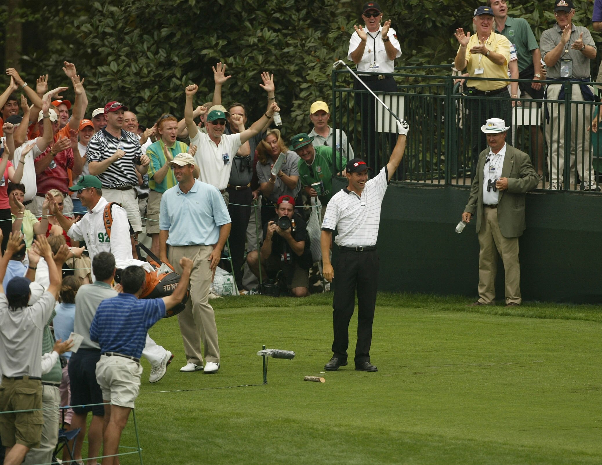 AUGUSTA, GA - APRIL 11:  Padraig Harrington of Ireland celebrates a hole-in-one on the 16th hole during the final round of the Masters at the Augusta National Golf Club on April 11, 2004 in Augusta, Georgia.  (Photo by Harry How/Getty Images)