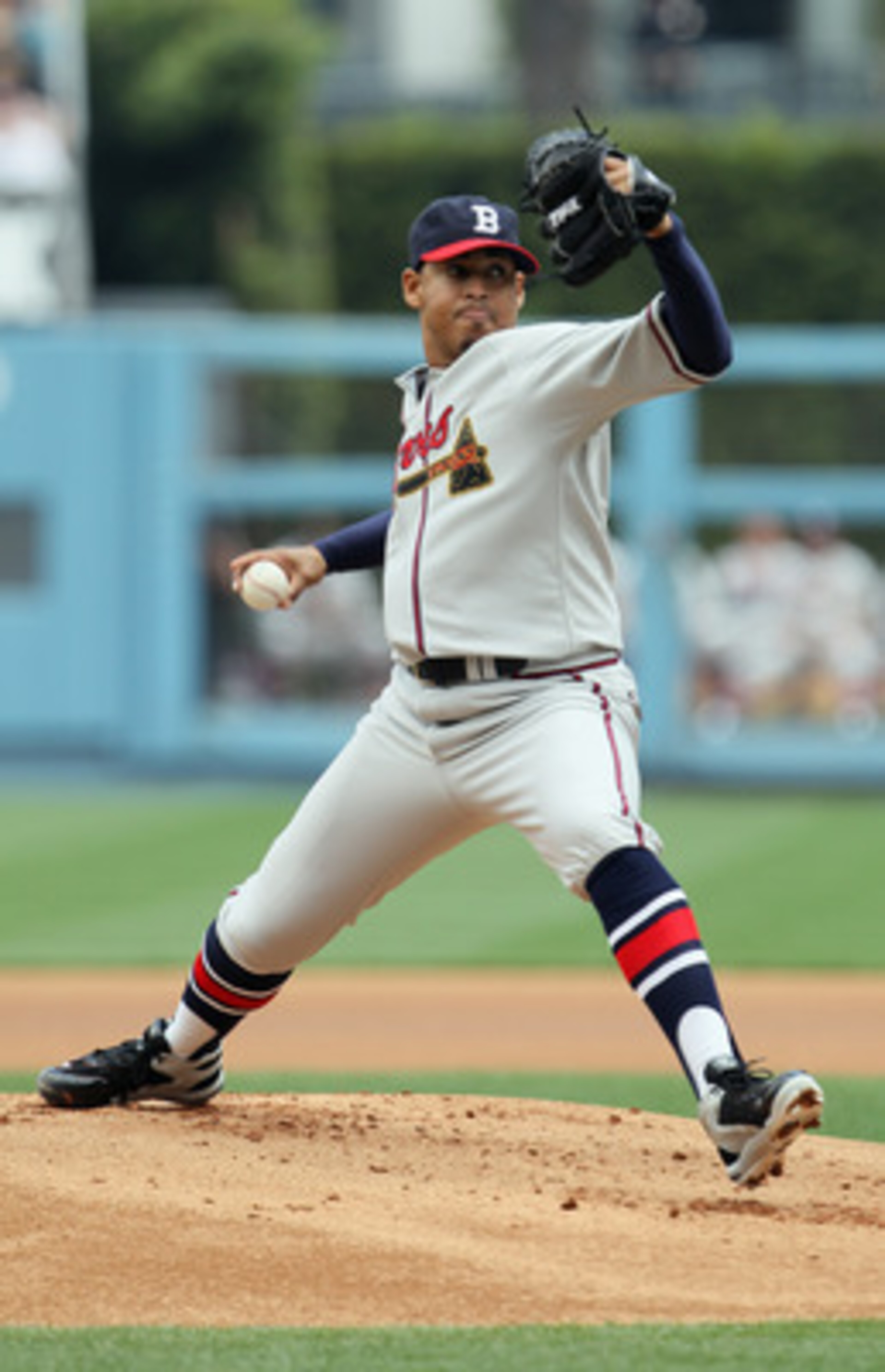 LOS ANGELES, CA - APRIL 21:  Jair Jurrjens #49 of the Atlanta Braves pitches against the Los Angeles Dodgers in the first inning at Dodger Stadium on April 21, 2011 in Los Angeles, California.  (Photo by Jeff Gross/Getty Images)