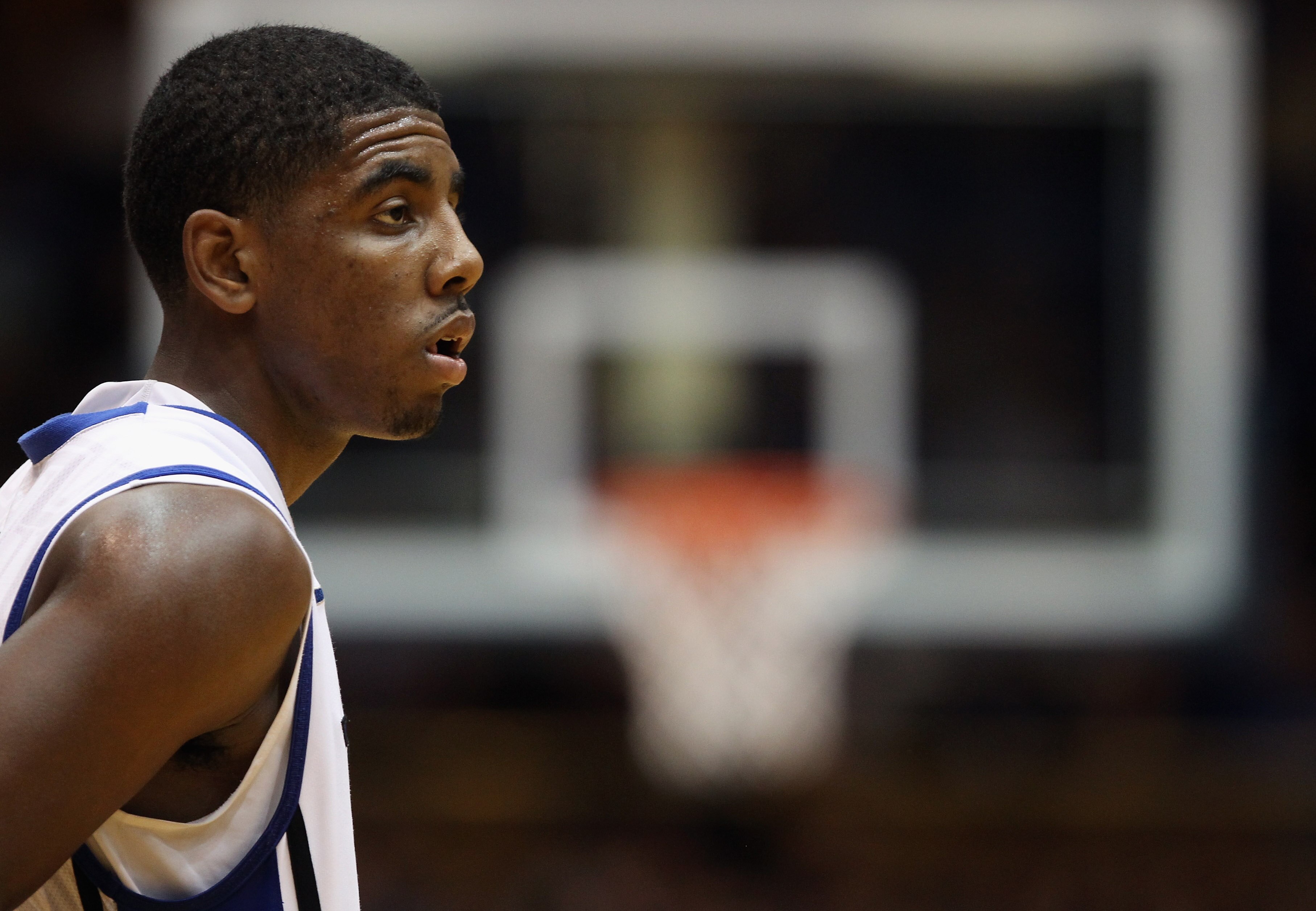 DURHAM, NC - DECEMBER 01:  Kyrie Irving #1 of the Duke Blue Devils watches on during their game against the Michigan State Spartans at Cameron Indoor Stadium on December 1, 2010 in Durham, North Carolina.  (Photo by Streeter Lecka/Getty Images)