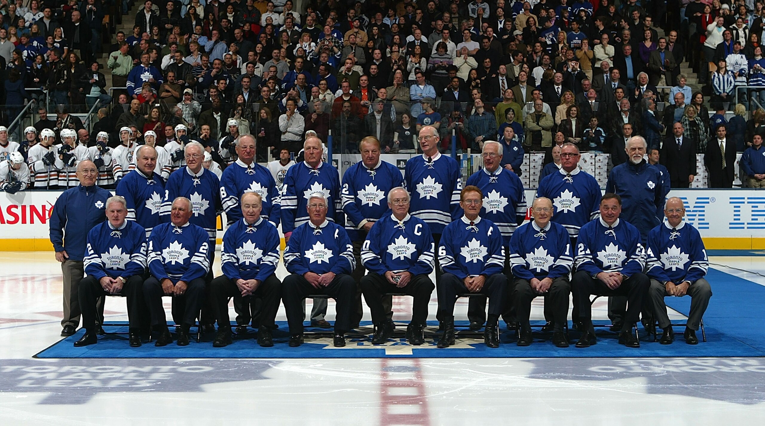 TORONTO - FEBRUARY 17: Members of the 1967 Toronto Maple Leafs pose for a team photo at centre ice as the '67 Maple Leafs are honored prior to the Edmonton Oilers playing the Toronto Maple Leafs during their NHL game at the Air Canada Centre on February TORONTO - FEBRUARY 17: Members of the 1967 Toronto Maple Leafs pose for a team photo at centre ice as the '67 Maple Leafs are honored prior to the Edmonton Oilers playing the Toronto Maple Leafs during their NHL game at the Air Canada Centre on February