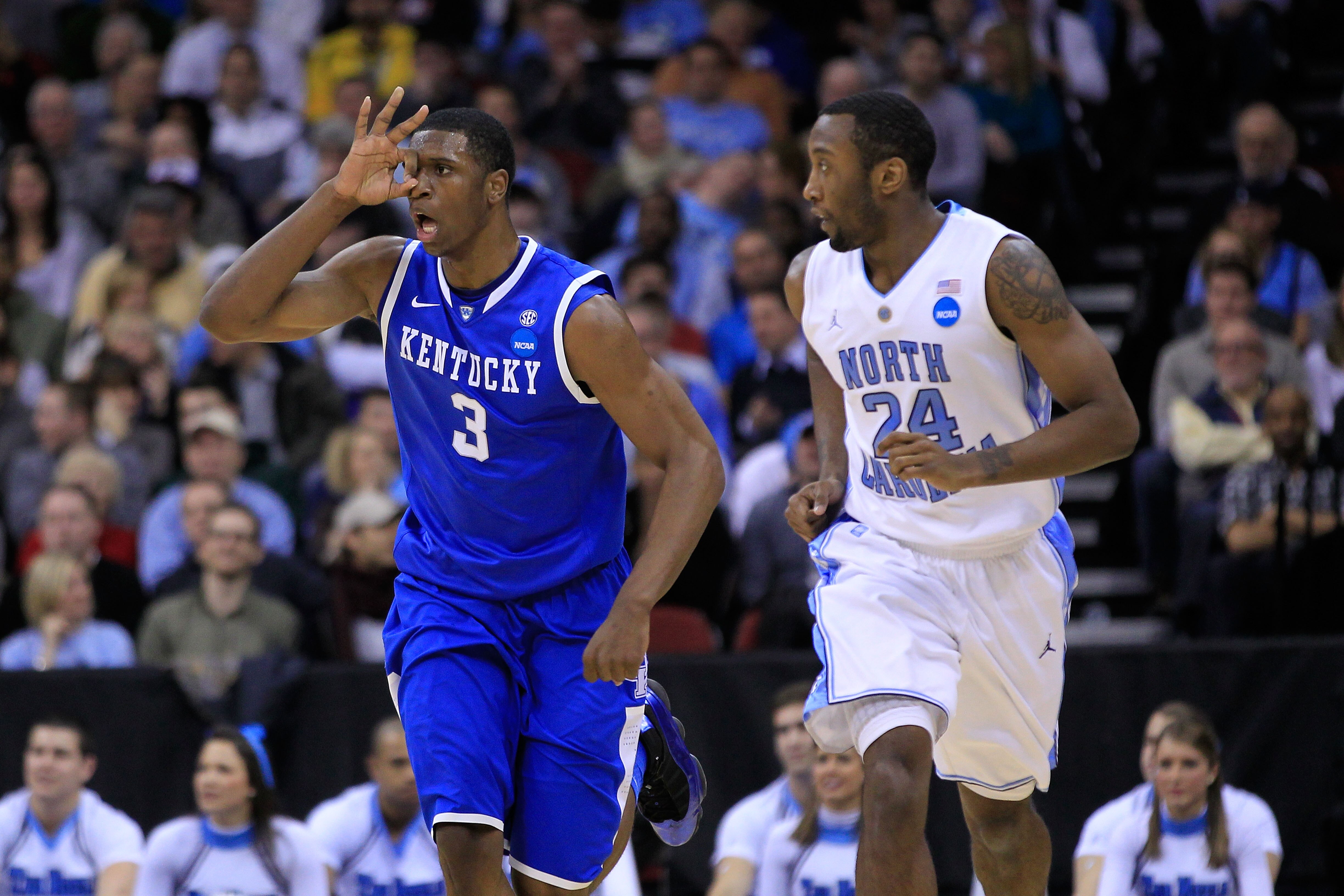 NEWARK, NJ - MARCH 27:  Terrence Jones #3 of the Kentucky Wildcats celebrates after a play against the North Carolina Tar Heels during the east regional final of the 2011 NCAA men's basketball tournament at Prudential Center on March 27, 2011 in Newark, N