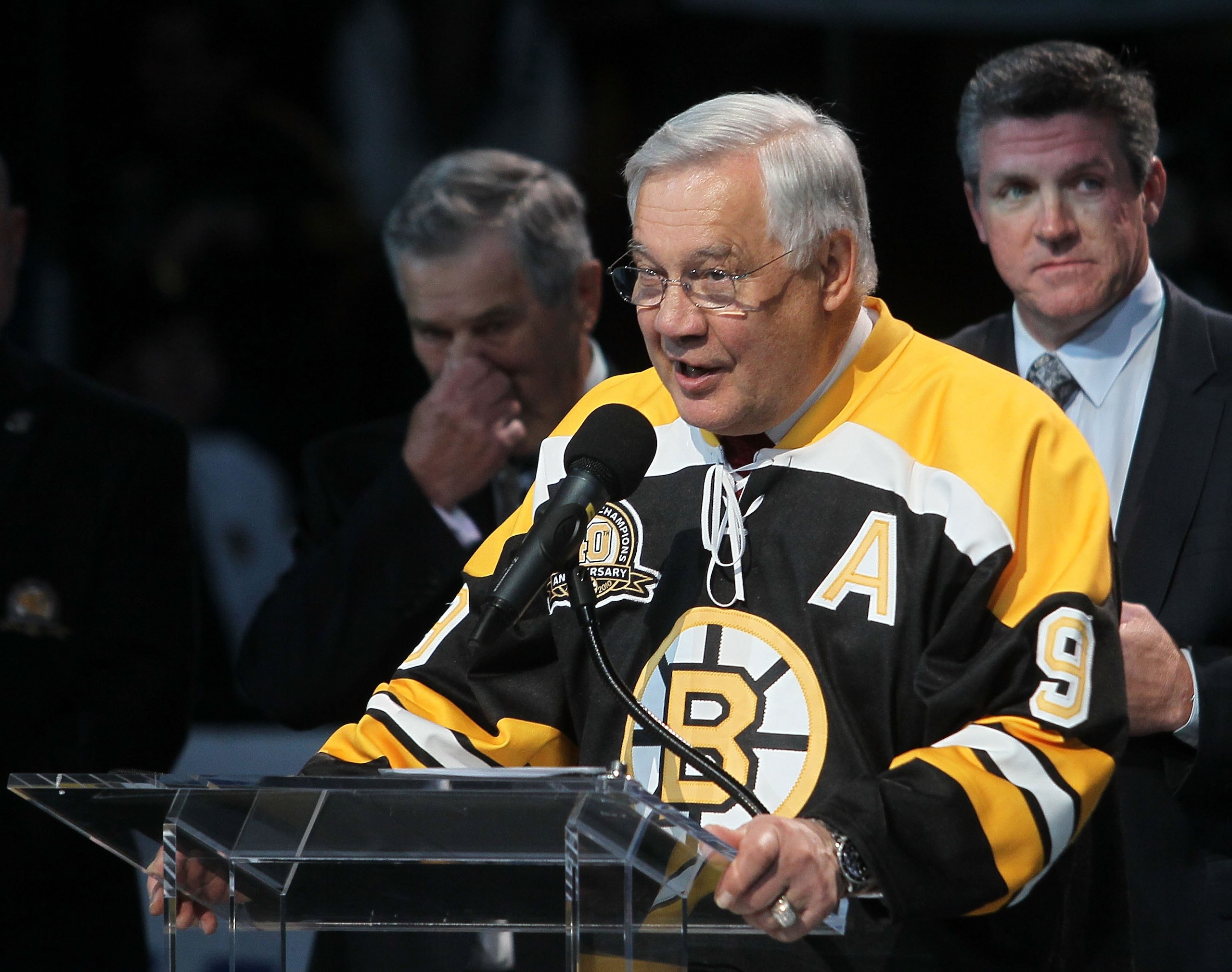 BOSTON - MARCH 18: Johnny Bucyk takes part in a celebration honoring the 1970 Boston Bruin Championship team prior to the game between the Bruins and the Pittsburgh Penguins of the Boston Bruins at the TD Garden on March 18, 2010 in Boston, Massachusetts. BOSTON - MARCH 18: Johnny Bucyk takes part in a celebration honoring the 1970 Boston Bruin Championship team prior to the game between the Bruins and the Pittsburgh Penguins of the Boston Bruins at the TD Garden on March 18, 2010 in Boston, Massachusetts.