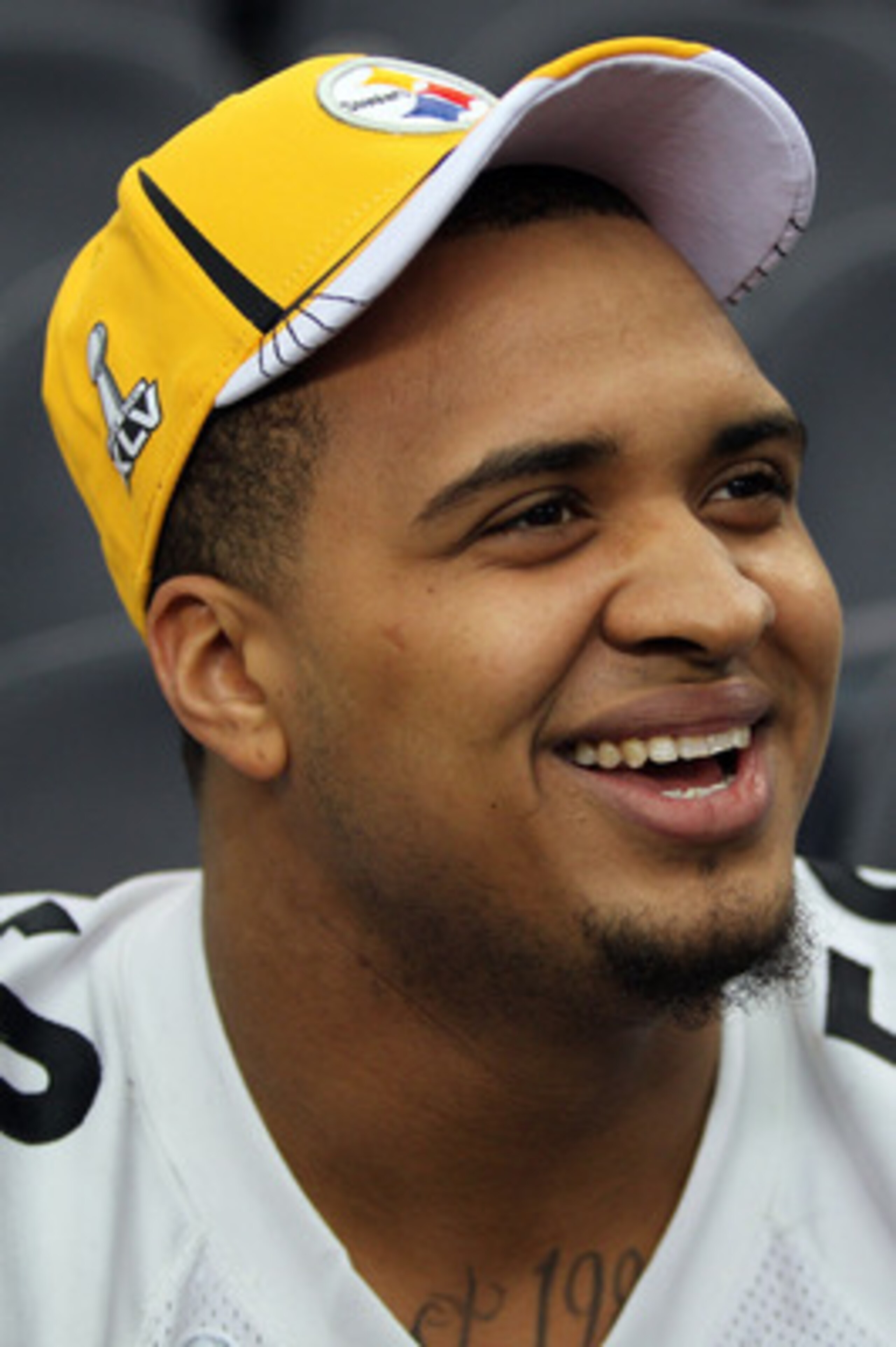 ARLINGTON, TX - FEBRUARY 01:  Maurkice Pouncey #53 of the Pittsburgh Steelers is interviewed during Super Bowl XLV Media Day ahead of Super Bowl XLV at Cowboys Stadium on February 1, 2011 in Arlington, Texas. The Pittsburgh Steelers will play the Green Ba