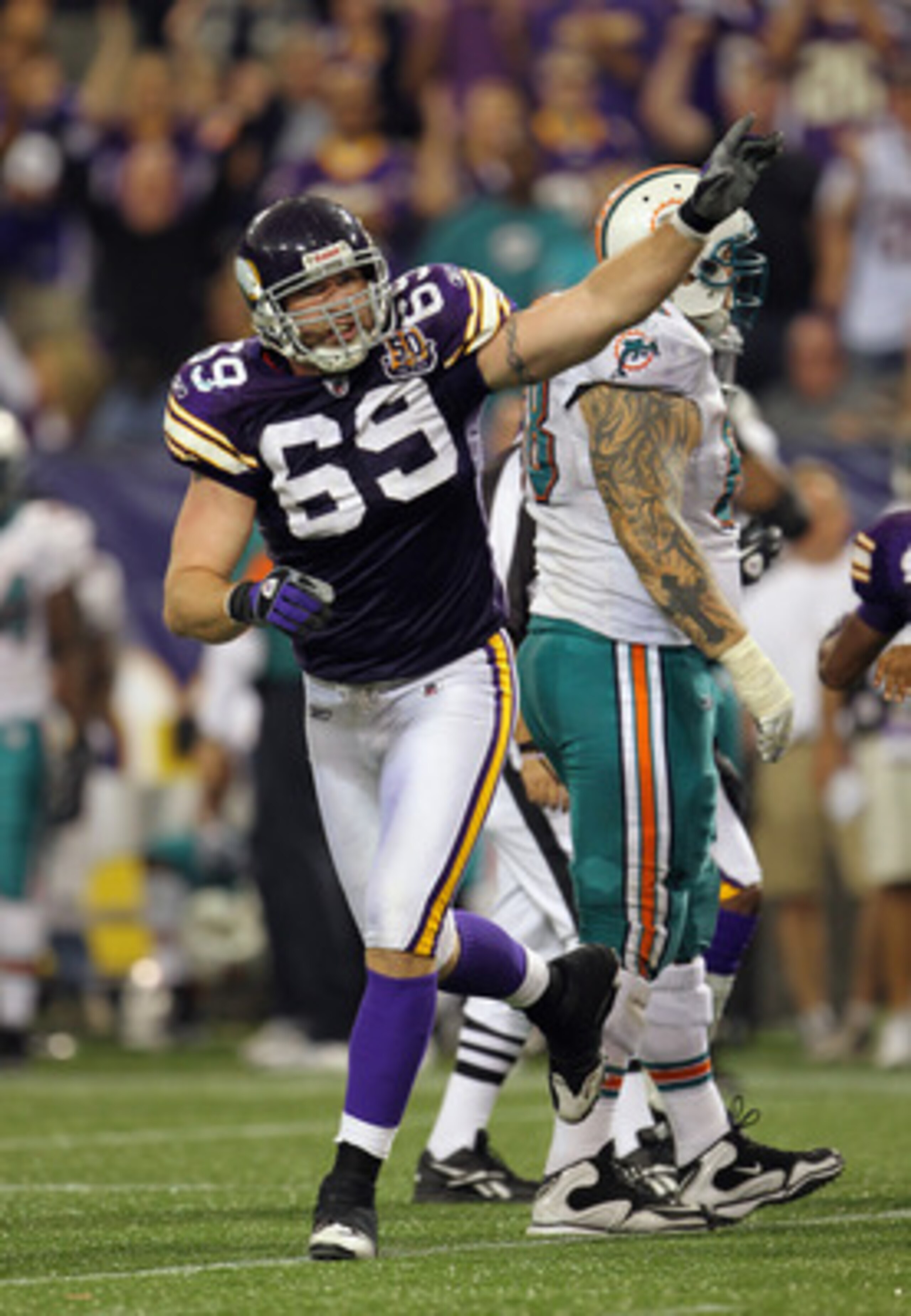 MINNEAPOLIS - SEPTEMBER 19:  Jared Allen #69 of the Minnesota Vikings in action during the game against  of the Miami Dolphins on September 19, 2010 at Hubert H. Humphrey Metrodome in Minneapolis, Minnesota.  (Photo by Jamie Squire/Getty Images)