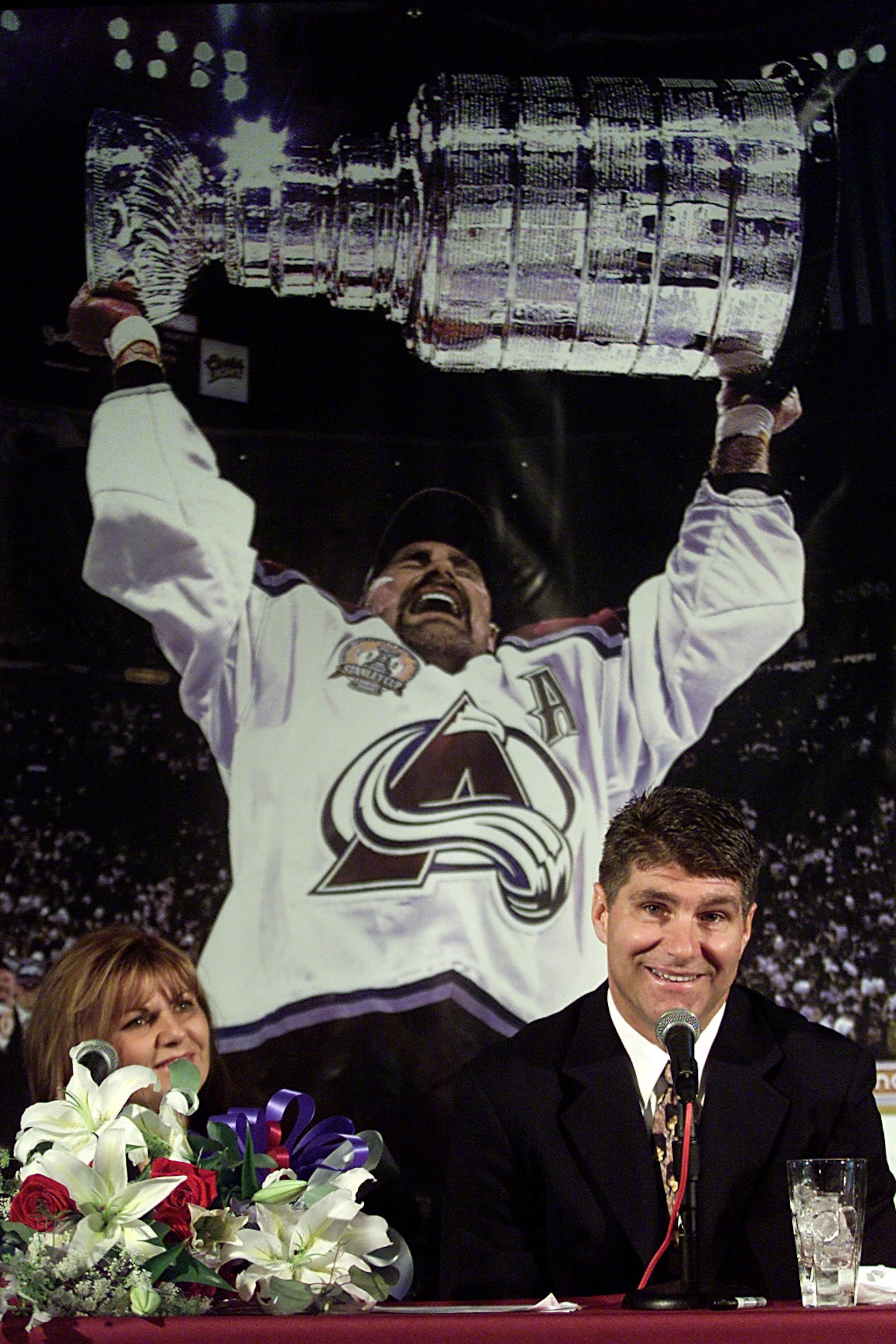 26 Jun 2001: Veteran defenseman Ray Bourque #77 of the Colorado Avalanche smiles with his wife Christiane at his side after announcing his retirement after playing 22 seasons in the National Hockey League with the Boston Bruins and the Colorado Avalanche 26 Jun 2001: Veteran defenseman Ray Bourque #77 of the Colorado Avalanche smiles with his wife Christiane at his side after announcing his retirement after playing 22 seasons in the National Hockey League with the Boston Bruins and the Colorado Avalanche