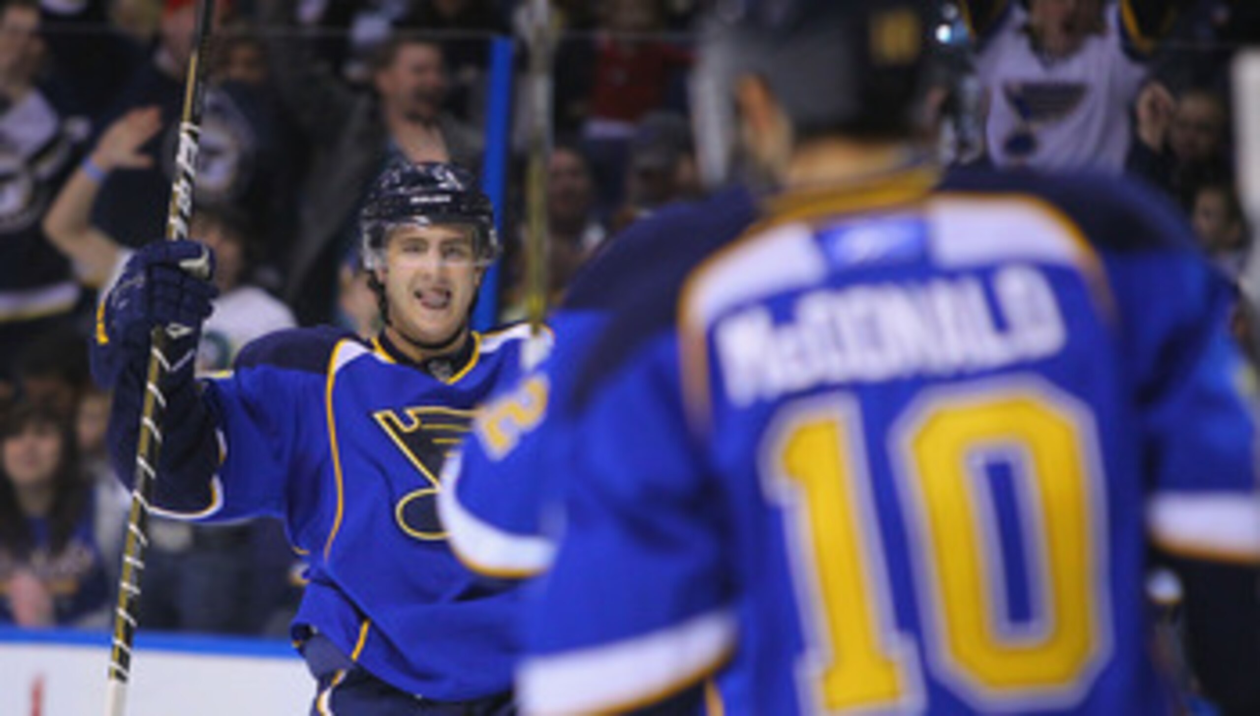 ST. LOUIS, MO - APRIL 5: Kevin Shattenkirk #12 of the St. Louis Blues celebrates his goal against the Colorado Avalanche at the Scottrade Center on April 5, 2011 in St. Louis, Missouri.  (Photo by Dilip Vishwanat/Getty Images)