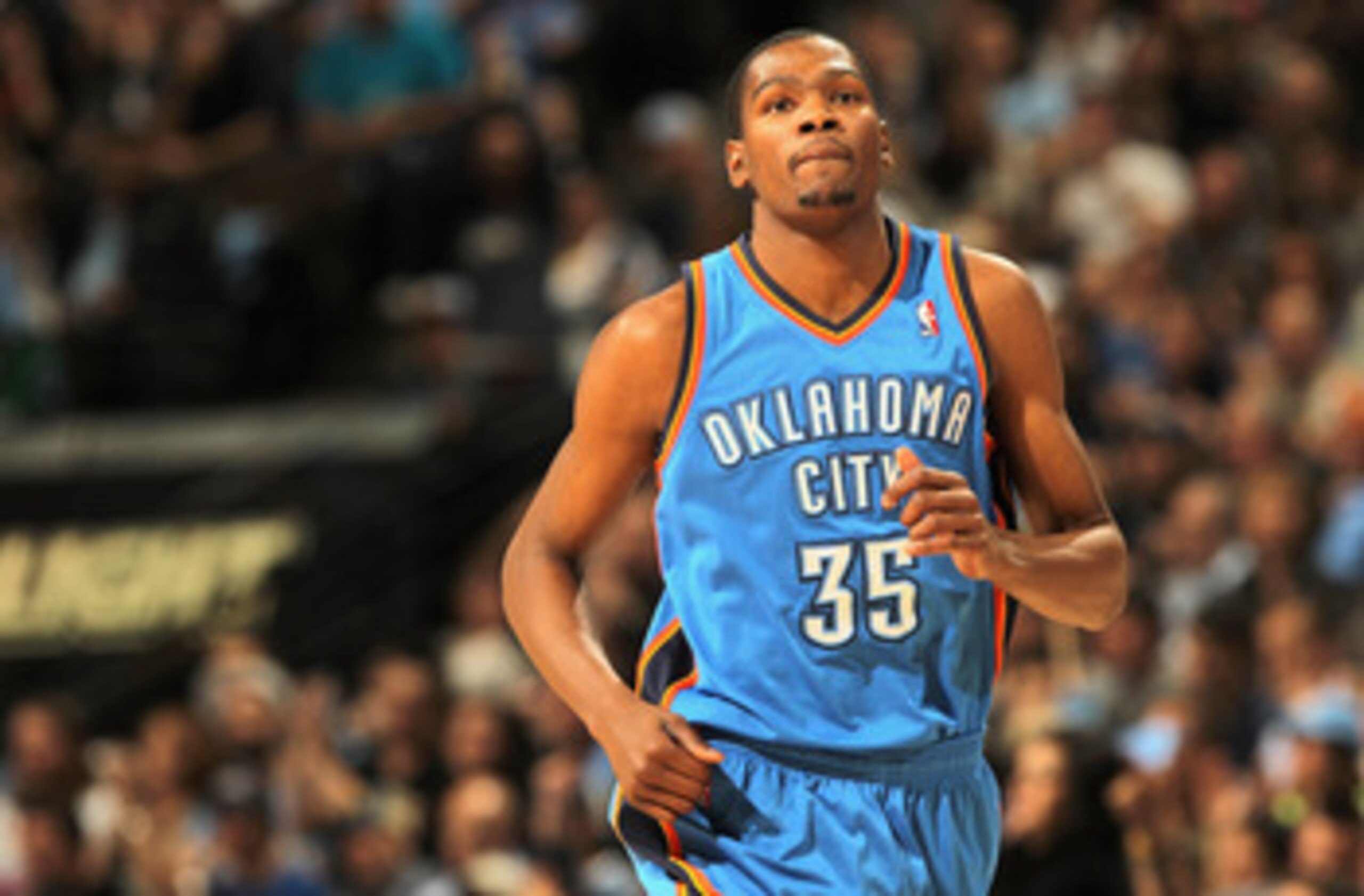 DENVER, CO - APRIL 25:  Kevin Durant #35 of the Oklahoma City Thunder heads up court against the Denver Nuggets in Game Four of the Western Conference Quarterfinals in the 2011 NBA Playoffs on April 24, 2011 at the Pepsi Center in Denver, Colorado. The Nu