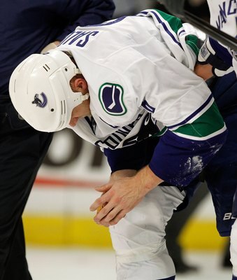 CHICAGO - MAY 09: Sami Salo #6 of the Vancouver Canucks skates off of the ice at the end of the first period after suffering an injury against the Chicago Blackhawks in Game Five of the Western Conference Semifinals during the 2010 NHL Stanley Cup Playoff