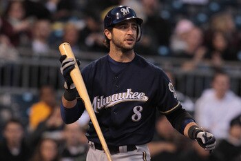 PITTSBURGH, PA - APRIL 13:  Ryan Braun #8 of the Milwaukee Brewers walks to the dugout after striking out during their game against the Pittsburgh Pirates at PNC Park on April 13, 2011 in Pittsburgh, Pennsylvania.  (Photo by Scott Halleran/Getty Images)