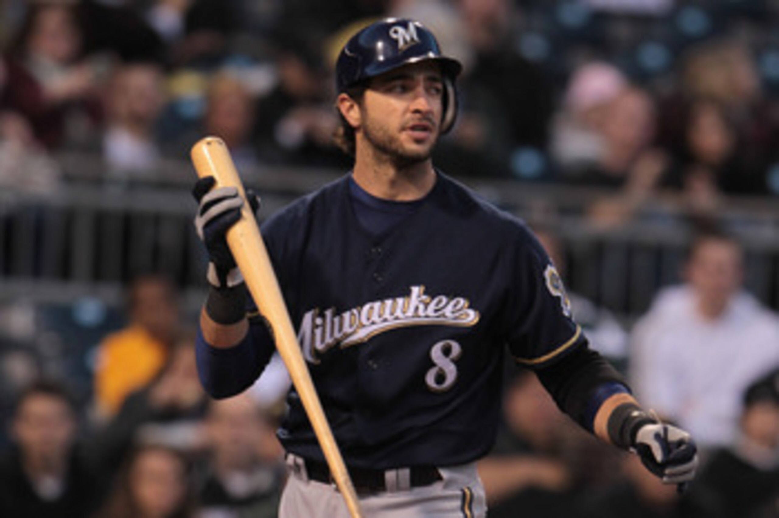PITTSBURGH, PA - APRIL 13:  Ryan Braun #8 of the Milwaukee Brewers walks to the dugout after striking out during their game against the Pittsburgh Pirates at PNC Park on April 13, 2011 in Pittsburgh, Pennsylvania.  (Photo by Scott Halleran/Getty Images)