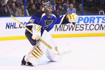 ST. LOUIS, MO - FEBRUARY 11: Jaroslav Halak #41 of the St. Louis Blues makes a save against the Minnesota Wild at the Scottrade Center on February 11, 2011 in St. Louis, Missouri.  (Photo by Dilip Vishwanat/Getty Images)