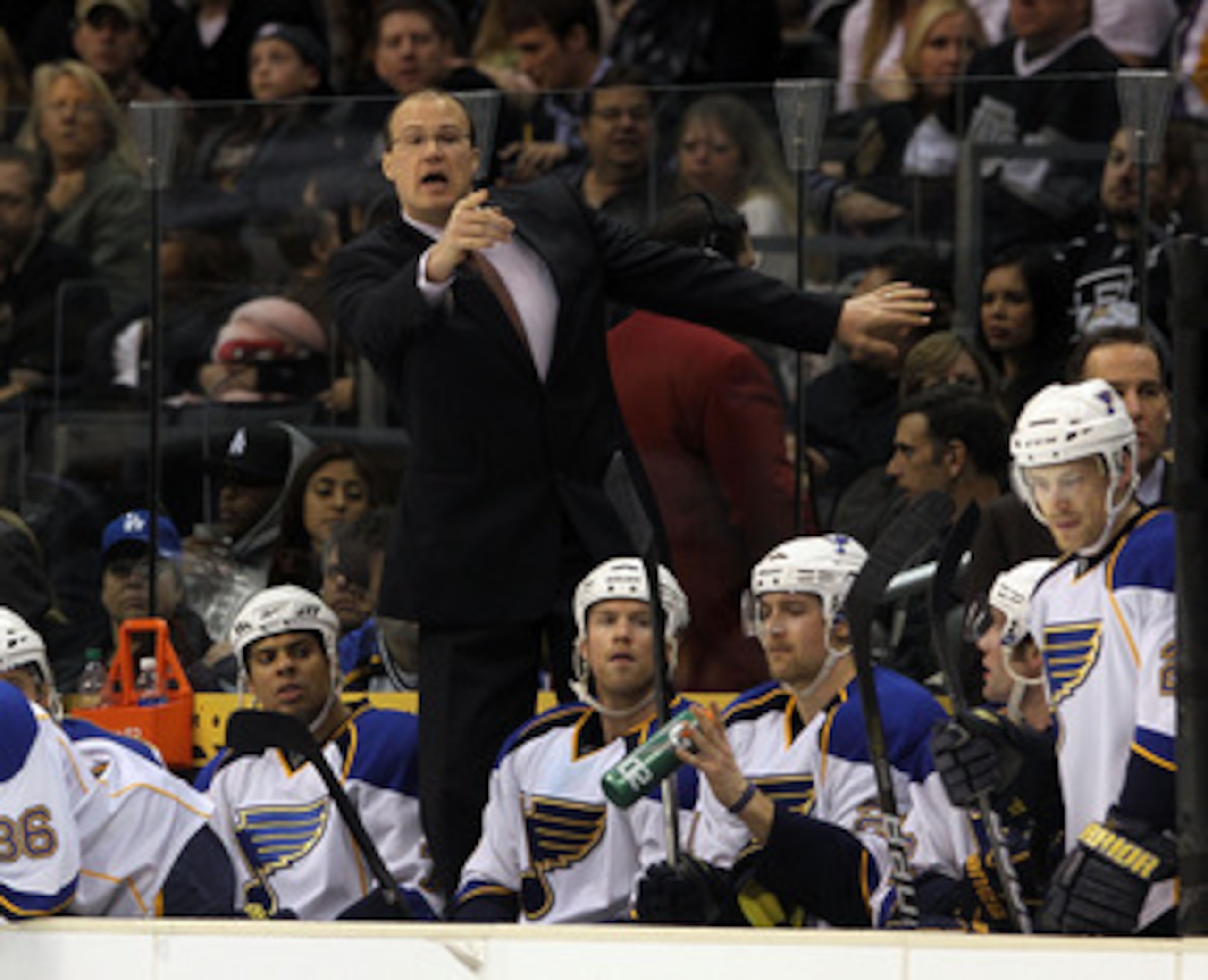 LOS ANGELES, CA - JANUARY 13:  Head coach Davis Payne of the St. Louis Blues handles bench duties against the Los Angeles Kings at the Staples Center on January 13, 2011 in Los Angeles, California.  (Photo by Bruce Bennett/Getty Images)