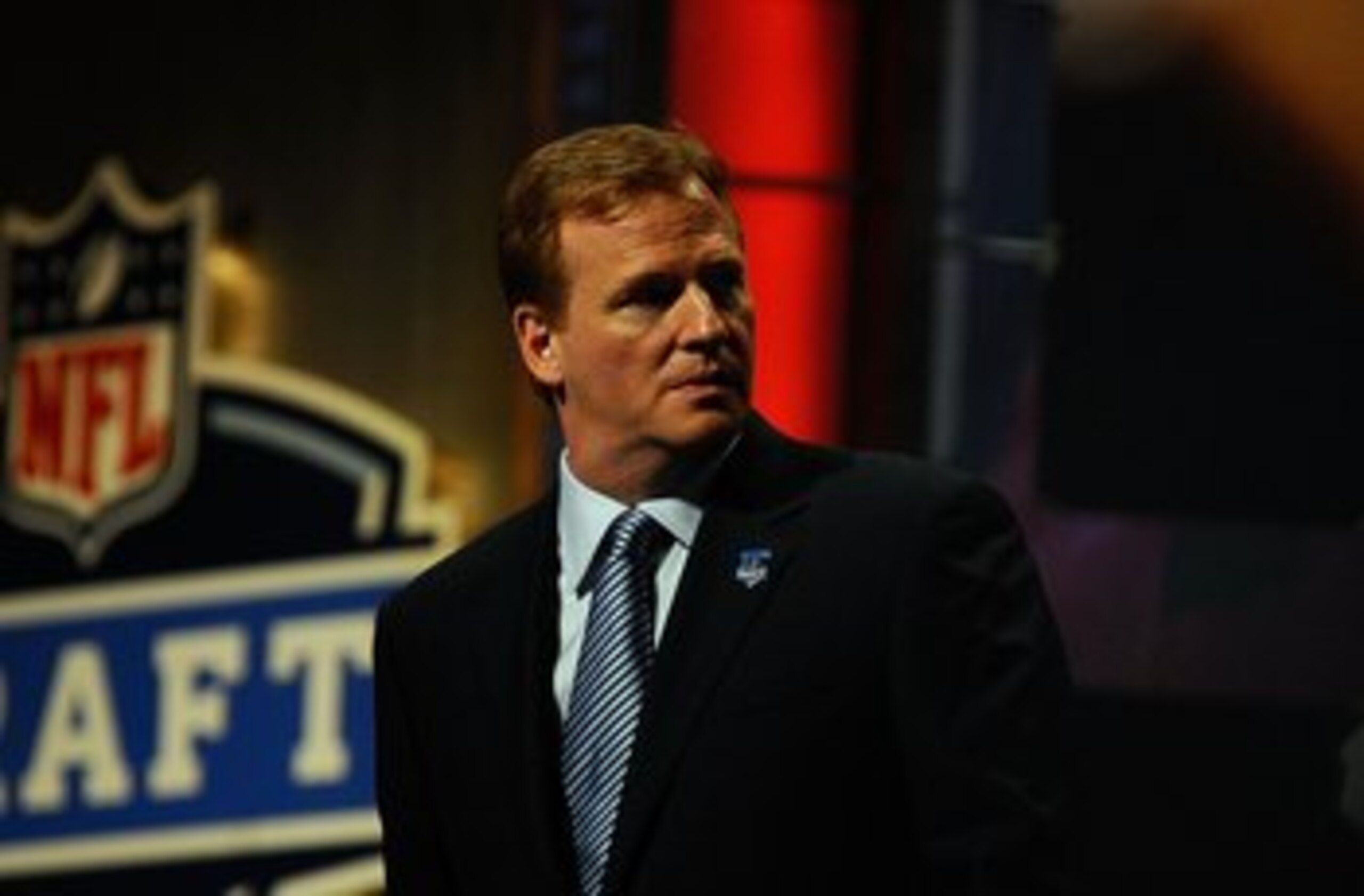 NEW YORK - APRIL 22:  NFL Commissioner Roger Goodell looks on as he stands on stage during the first round of the 2010 NFL Draft at Radio City Music Hall on April 22, 2010 in New York City.  (Photo by Jeff Zelevansky/Getty Images)