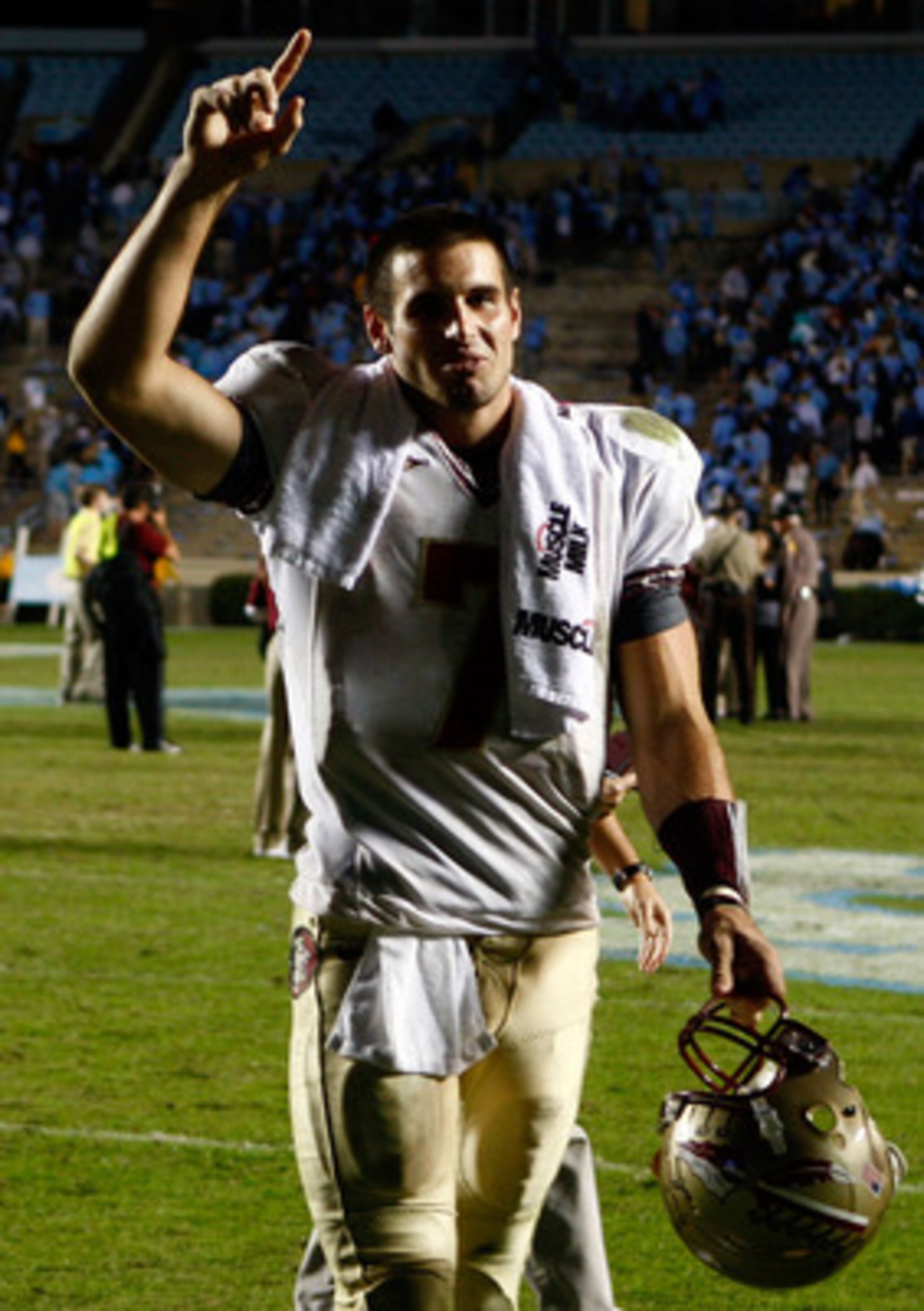 CHAPEL HILL, NC - OCTOBER 22:  Christian Ponder #7 of the Florida State Seminoles celebrates after the Seminoles defeated the North Carolina Tar Heels 30-27 at Kenan Stadium on October 22, 2009 in Chapel Hill, North Carolina.  (Photo by Scott Halleran/Get