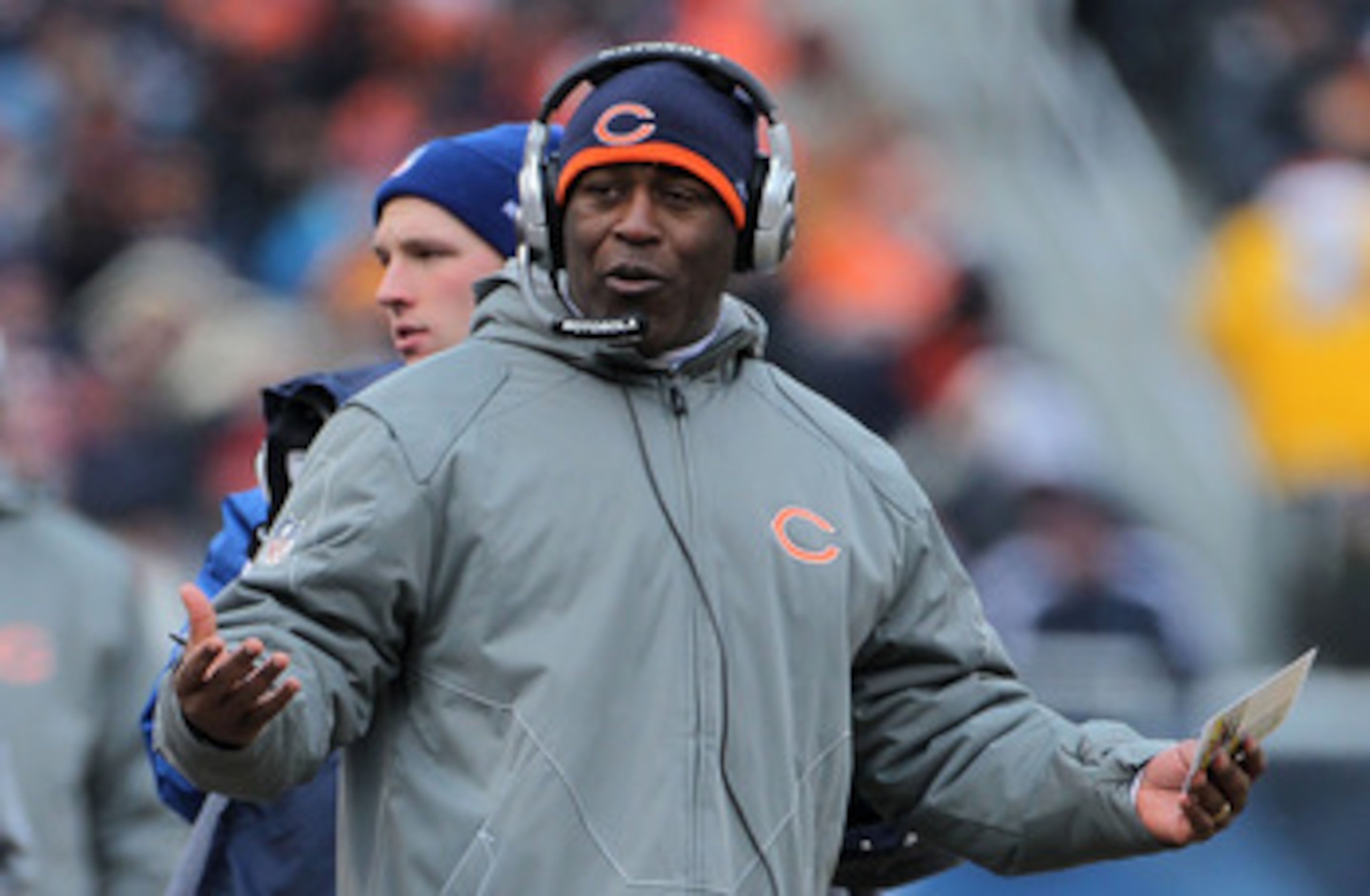CHICAGO, IL - JANUARY 16:  Head coach Lovie Smith of the Chicago Bears reacts in the second half against the Seattle Seahawks in the 2011 NFC divisional playoff game at Soldier Field on January 16, 2011 in Chicago, Illinois.  (Photo by Doug Pensinger/Gett