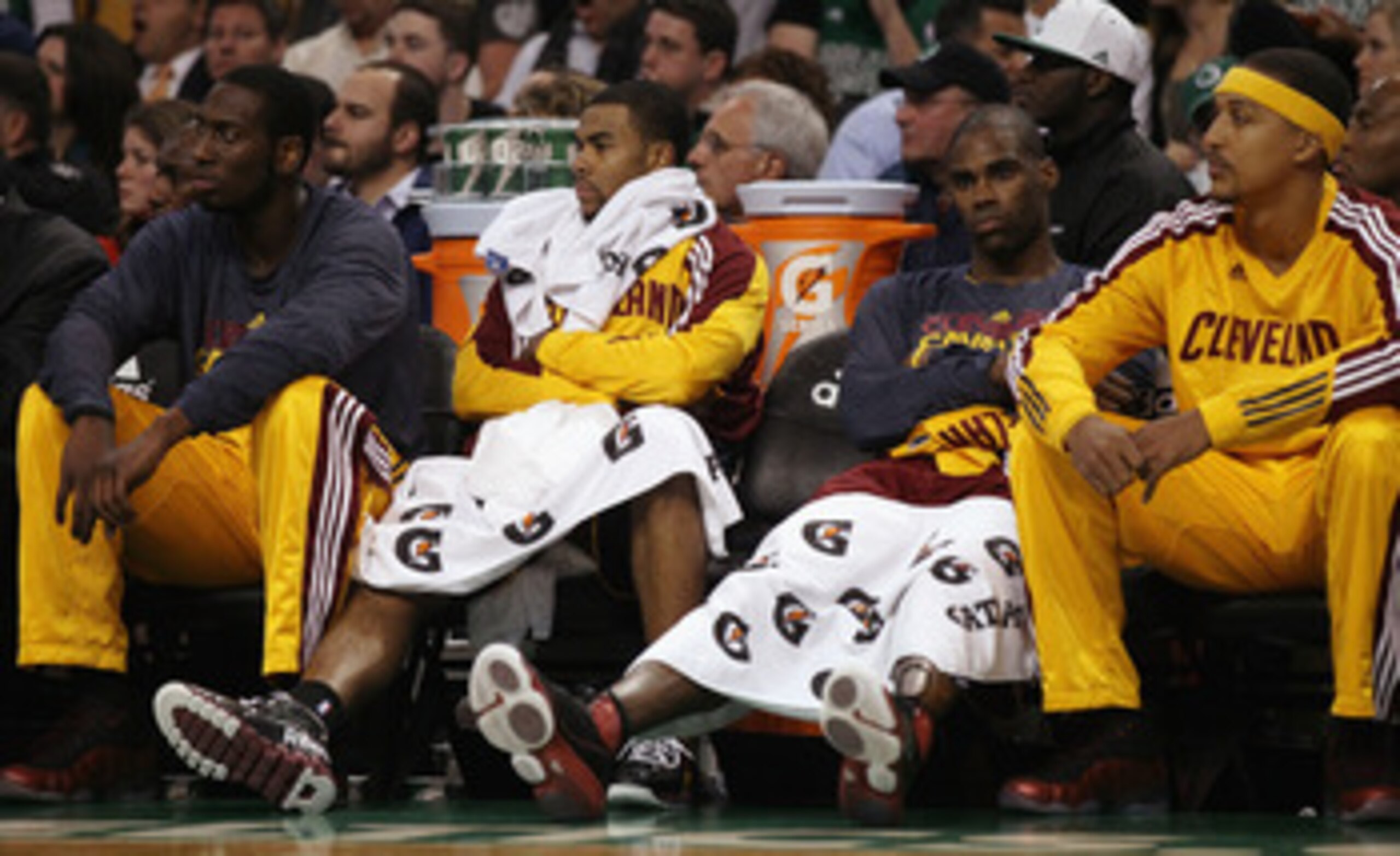 BOSTON, MA - JANUARY 25:  Member of the Cleveland Cavaliers react on the bench as they lose their 18th straight game this season on January 25, 2011 at the TD Garden in Boston, Massachusetts. The Boston Celtics defeated the Cavaliers 112-95.  NOTE TO USER