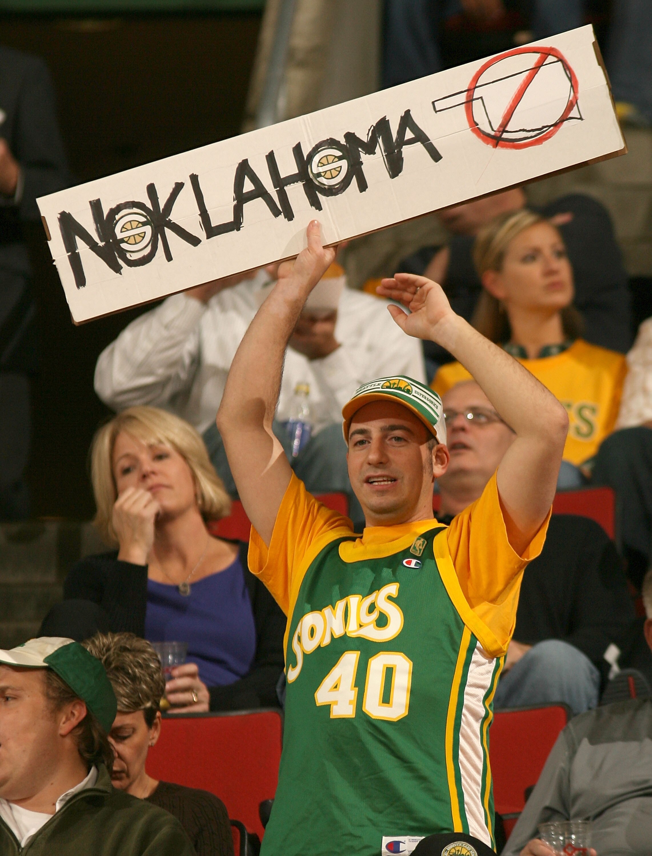 SEATTLE - NOVEMBER 01:  A fan of the Seattle SuperSonics holds a sign prior to the game against the Phoenix Suns on November 1, 2007 at Key Arena in Seattle, Washington. The Suns defeated the Sonics 106-99.  NOTE TO USER: User expressly acknowledges and a