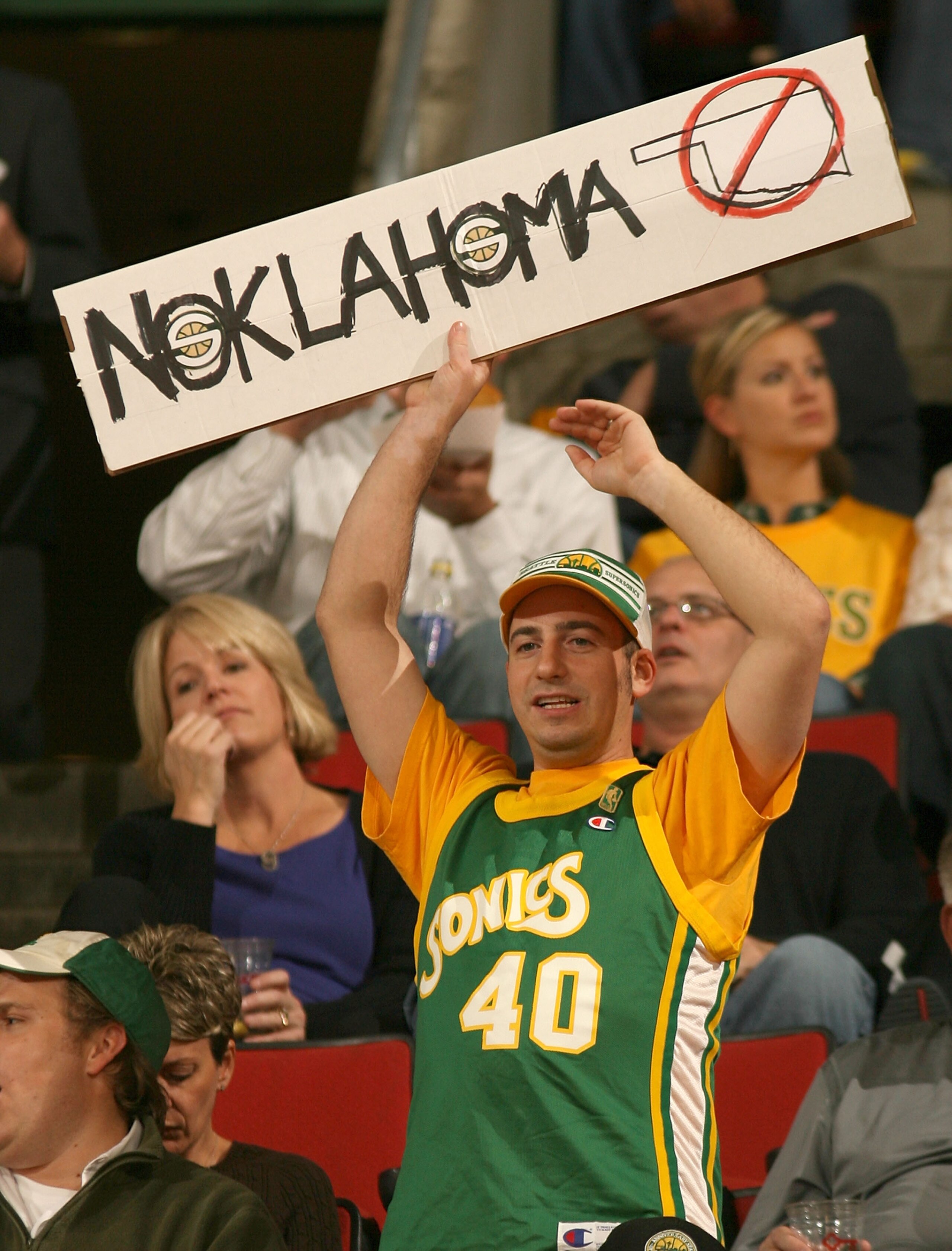 SEATTLE - NOVEMBER 01:  A fan of the Seattle SuperSonics holds a sign prior to the game against the Phoenix Suns on November 1, 2007 at Key Arena in Seattle, Washington. The Suns defeated the Sonics 106-99.  NOTE TO USER: User expressly acknowledges and a