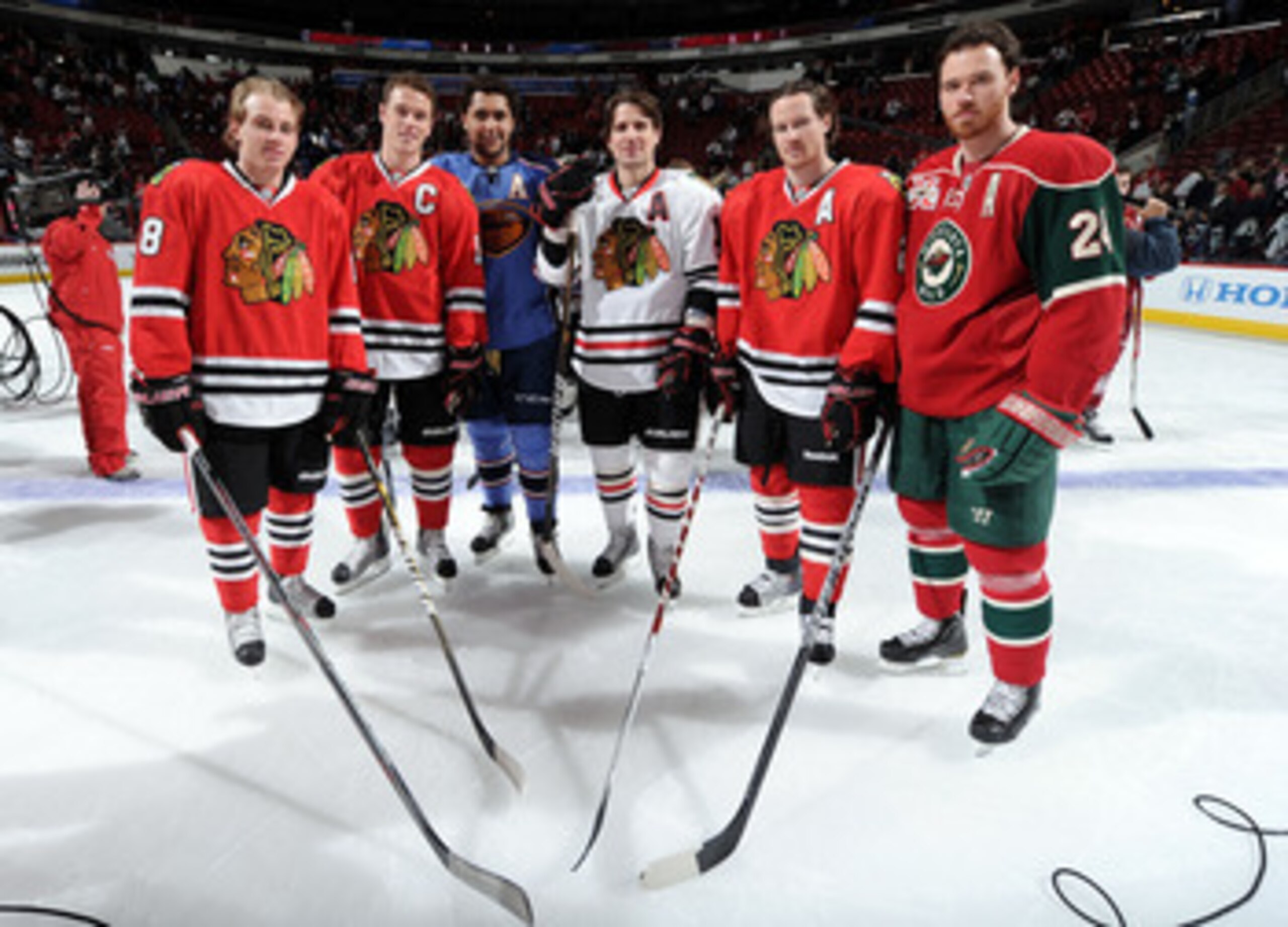 RALEIGH, NC - JANUARY 29: Patrick Kane #88 of the Chicago Blackhawks, Jonathan Toews #19 of the Chicago Blackhawks, Dustin Byfuglien #33 of the Atlanta Thrashers, Patrick Sharp #10 of the Chicago Blackhaws, Duncan Keith #2 of of the Chicago Blackhawks an RALEIGH, NC - JANUARY 29: Patrick Kane #88 of the Chicago Blackhawks, Jonathan Toews #19 of the Chicago Blackhawks, Dustin Byfuglien #33 of the Atlanta Thrashers, Patrick Sharp #10 of the Chicago Blackhaws, Duncan Keith #2 of of the Chicago Blackhawks an