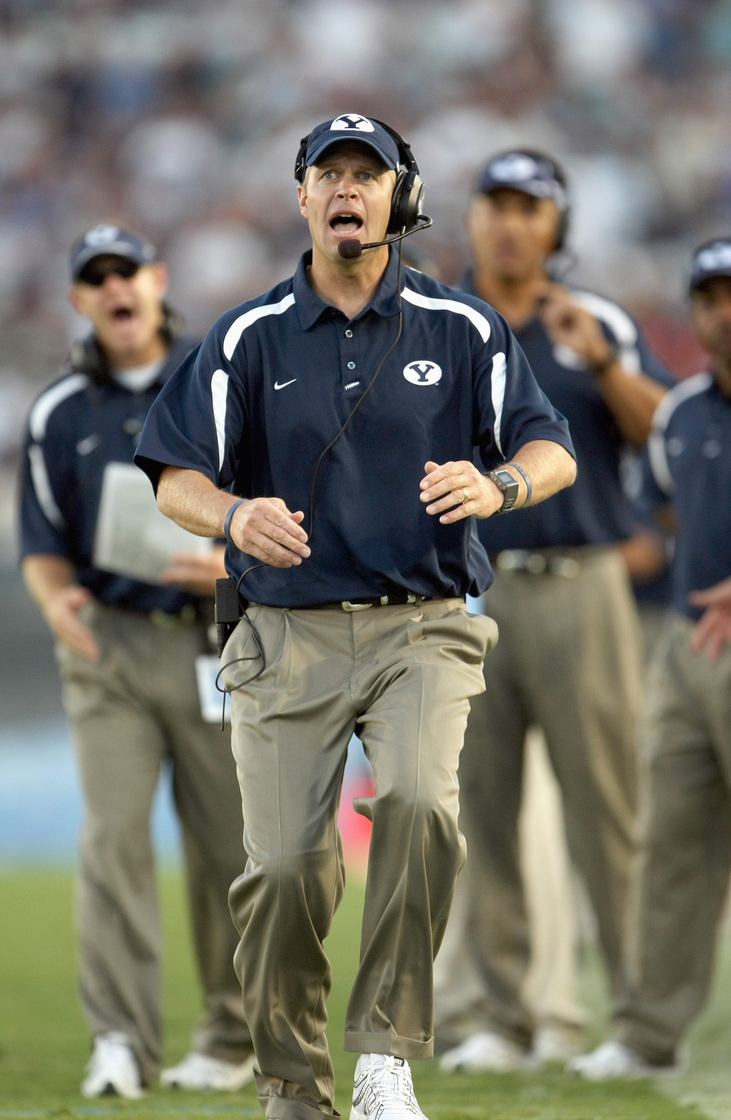 PASADENA, CA - SEPTEMBER 8: Head coach Bronco Mendenhall of the BYU Cougars follows the game with the UCLA Bruins on September 8, 2007 at the Rose Bowl in Pasadena, California. UCLA won 27-17. (Stephen Dunn/Getty Images)