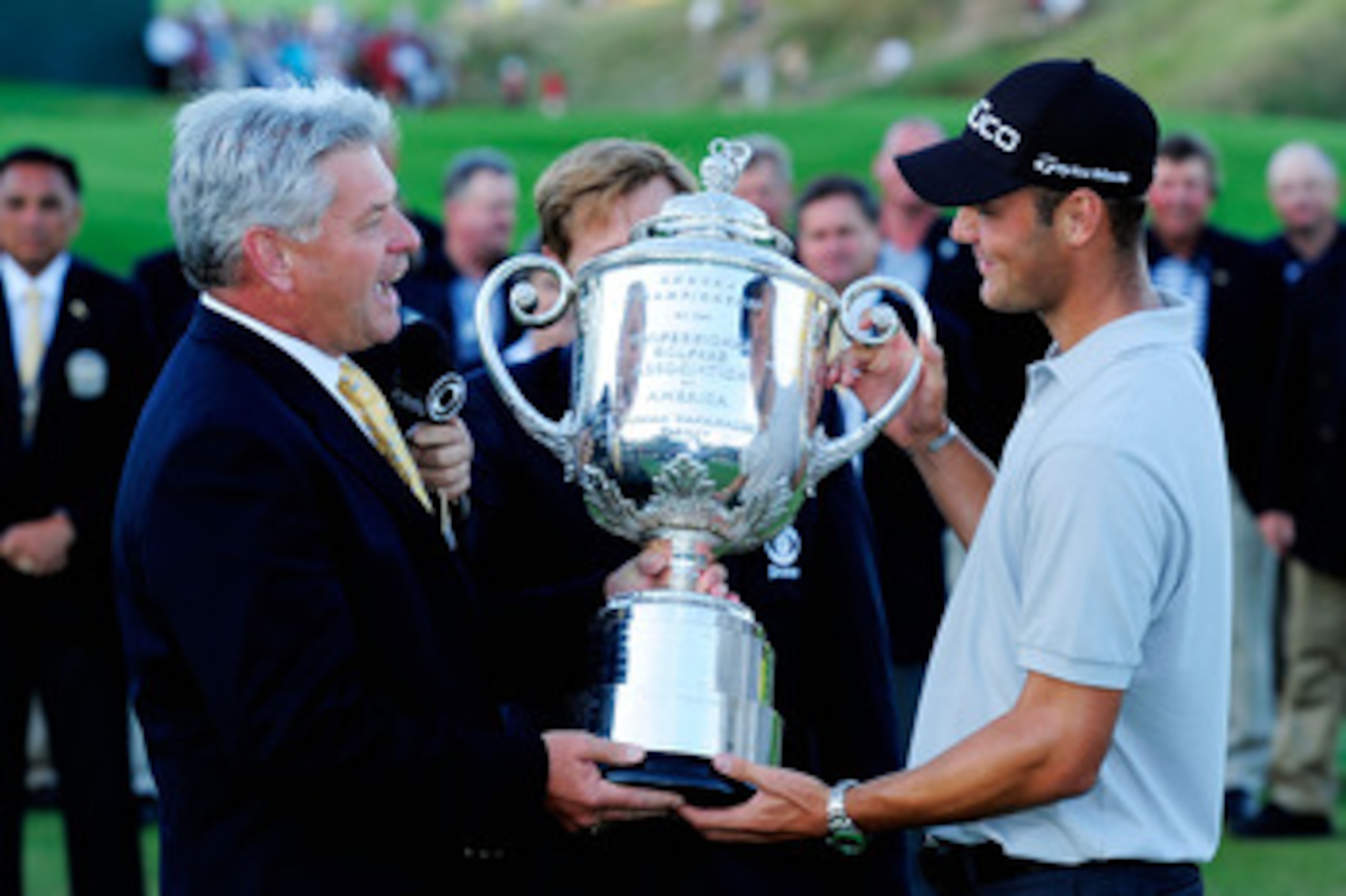 KOHLER, WI - AUGUST 15:  PGA of America President Jim Remy (L) presents the Wanamaker Trophy to Martin Kaymer of Germany at the 92nd PGA Championship on the Straits Course at Whistling Straits on August 15, 2010 in Kohler, Wisconsin.  (Photo by Stuart Fra