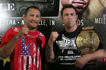 HOLLYWOOD - MARCH 17:  Legendary MMA Superstar and two time Olympic Wrestler Dan Henderson (L) and Strikeforce World Middleweight Champion Jake Shields (R)  attend the CBS' Strikeforce MMA Fighters Open Media Workout on March 17, 2010 in Hollywood, Califo