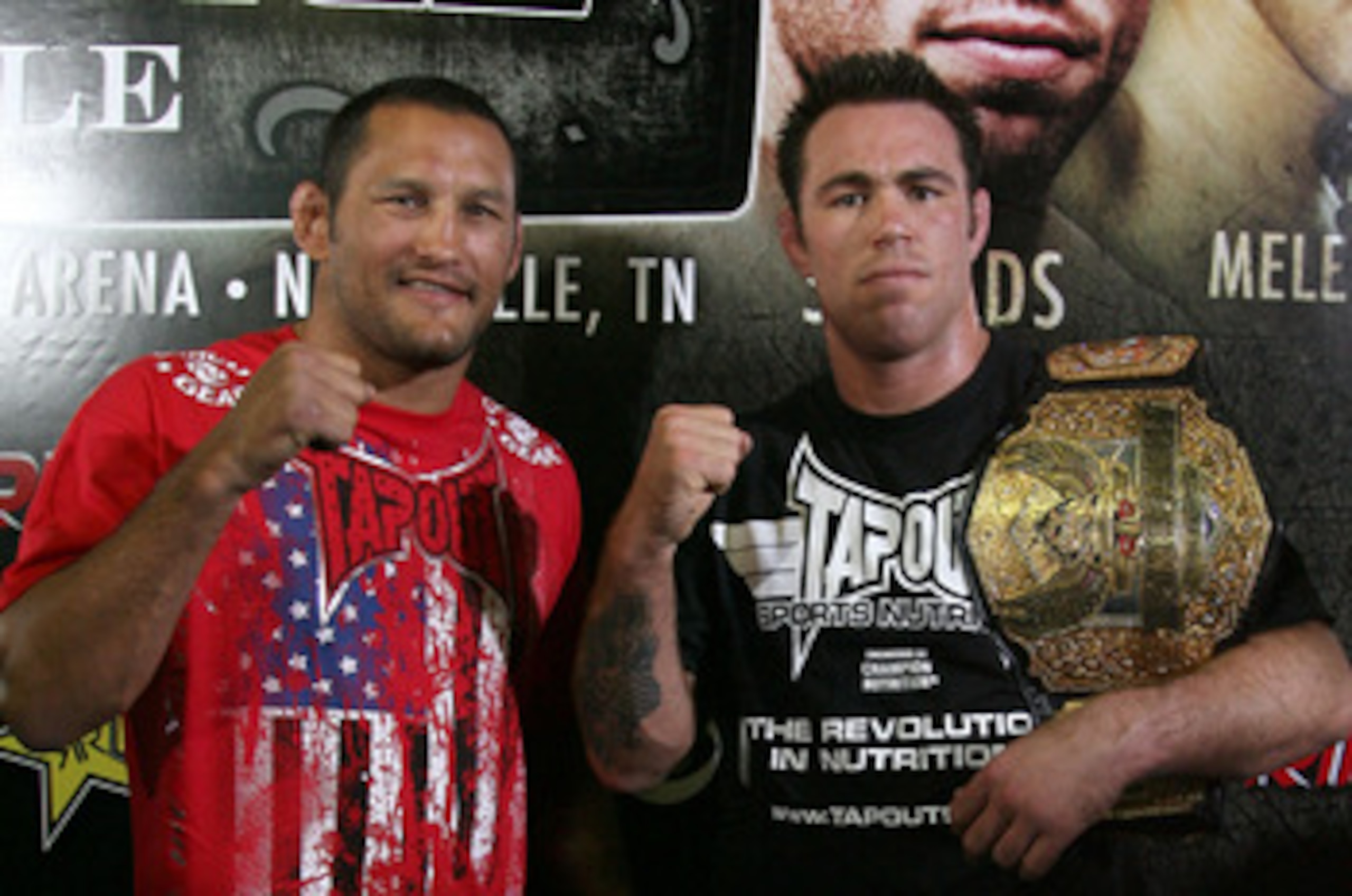 HOLLYWOOD - MARCH 17:  Legendary MMA Superstar and two time Olympic Wrestler Dan Henderson (L) and Strikeforce World Middleweight Champion Jake Shields (R)  attend the CBS' Strikeforce MMA Fighters Open Media Workout on March 17, 2010 in Hollywood, Califo