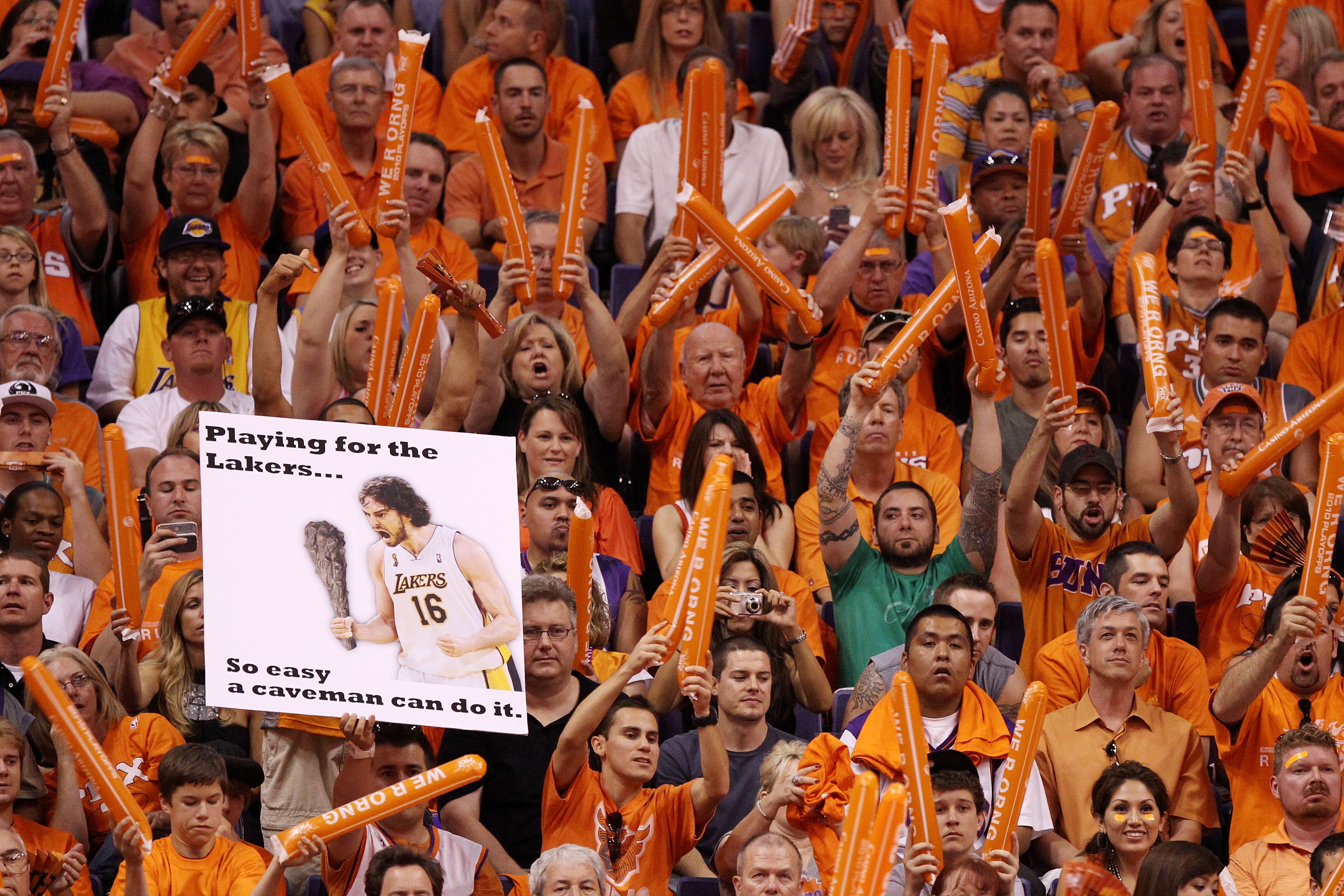 PHOENIX - MAY 29:  Fans of the Phoenix Suns cheer against the Los Angeles Lakers in the first quarter of Game Six of the Western Conference Finals during the 2010 NBA Playoffs at US Airways Center on May 29, 2010 in Phoenix, Arizona. NOTE TO USER: User ex