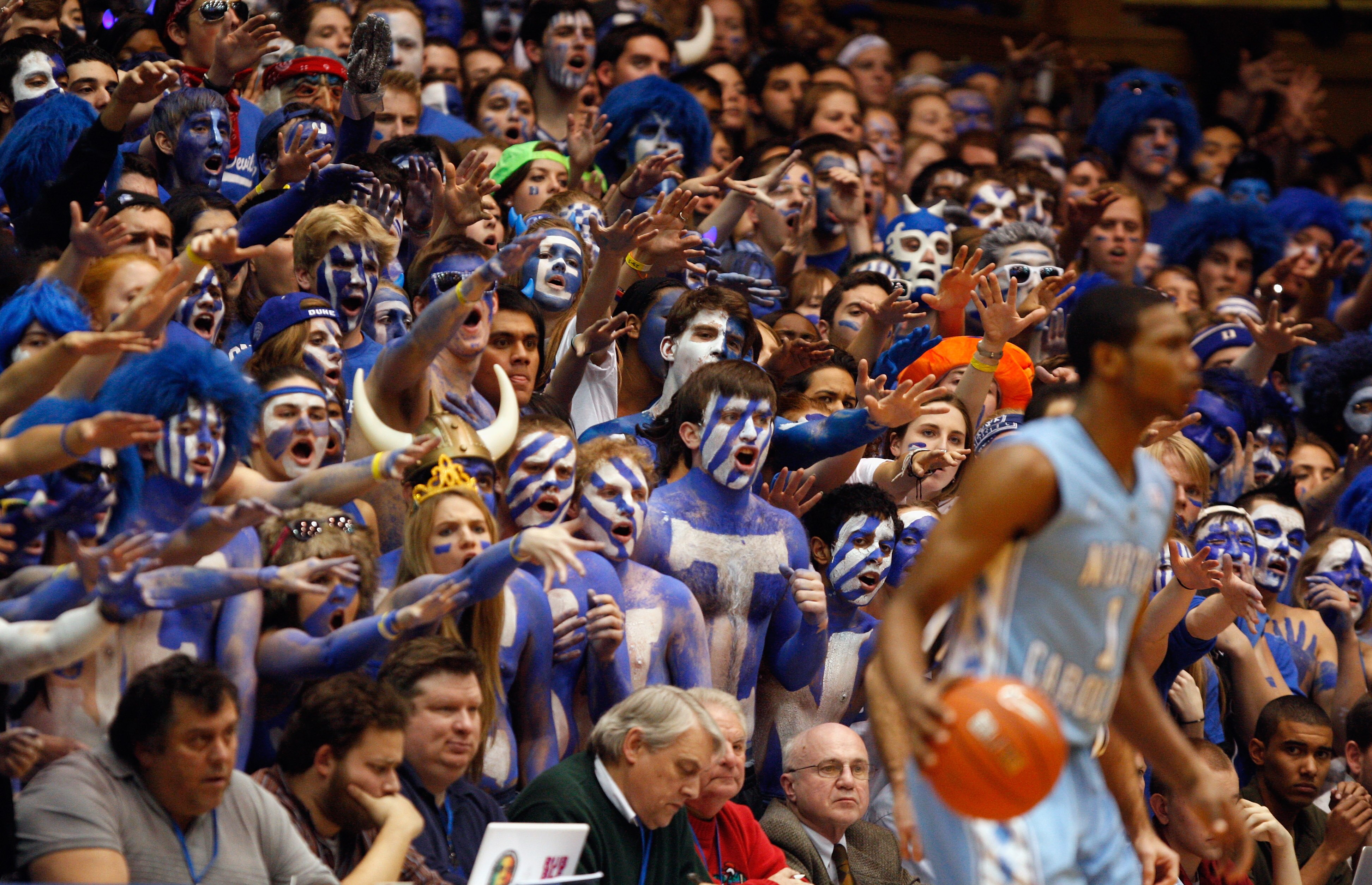 DURHAM, NC - FEBRUARY 09:  Cameron Crazies heckle the North Carolina Tar Heels during their game at Cameron Indoor Stadium on February 9, 2011 in Durham, North Carolina.  (Photo by Streeter Lecka/Getty Images)
